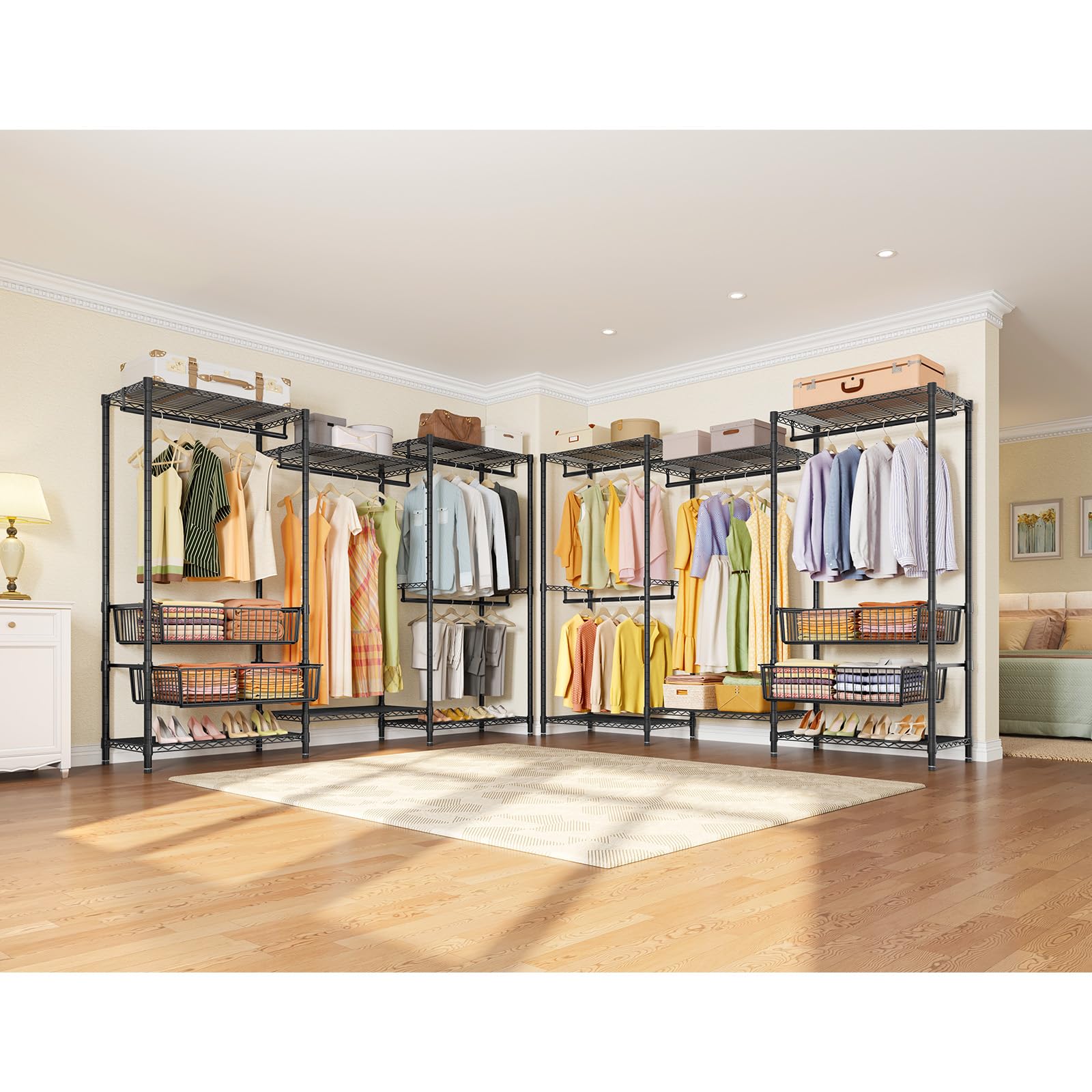 VIPEK V10 Wire Garment Rack 5 Tiers Heavy Duty Clothes Rack with Hanging Rods  Wire Shelves & 2 Slid Storage Baskets  Large Size Clothing Rack 85.4 '' W x 15.7 '' D x 76.4 '' H  Max Load 800 LBS  Black