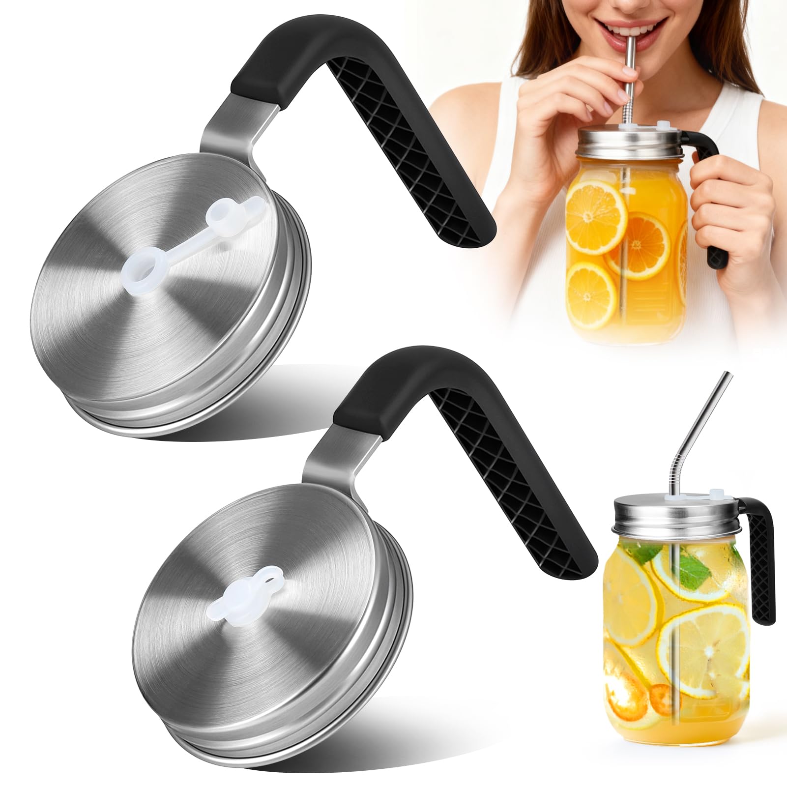Palksky Mason Jar Lids with Straw Hole & Handle for Regular Mouth Jars, Leak-Resistant Drinking Lids with Extra Silicone Rings, 