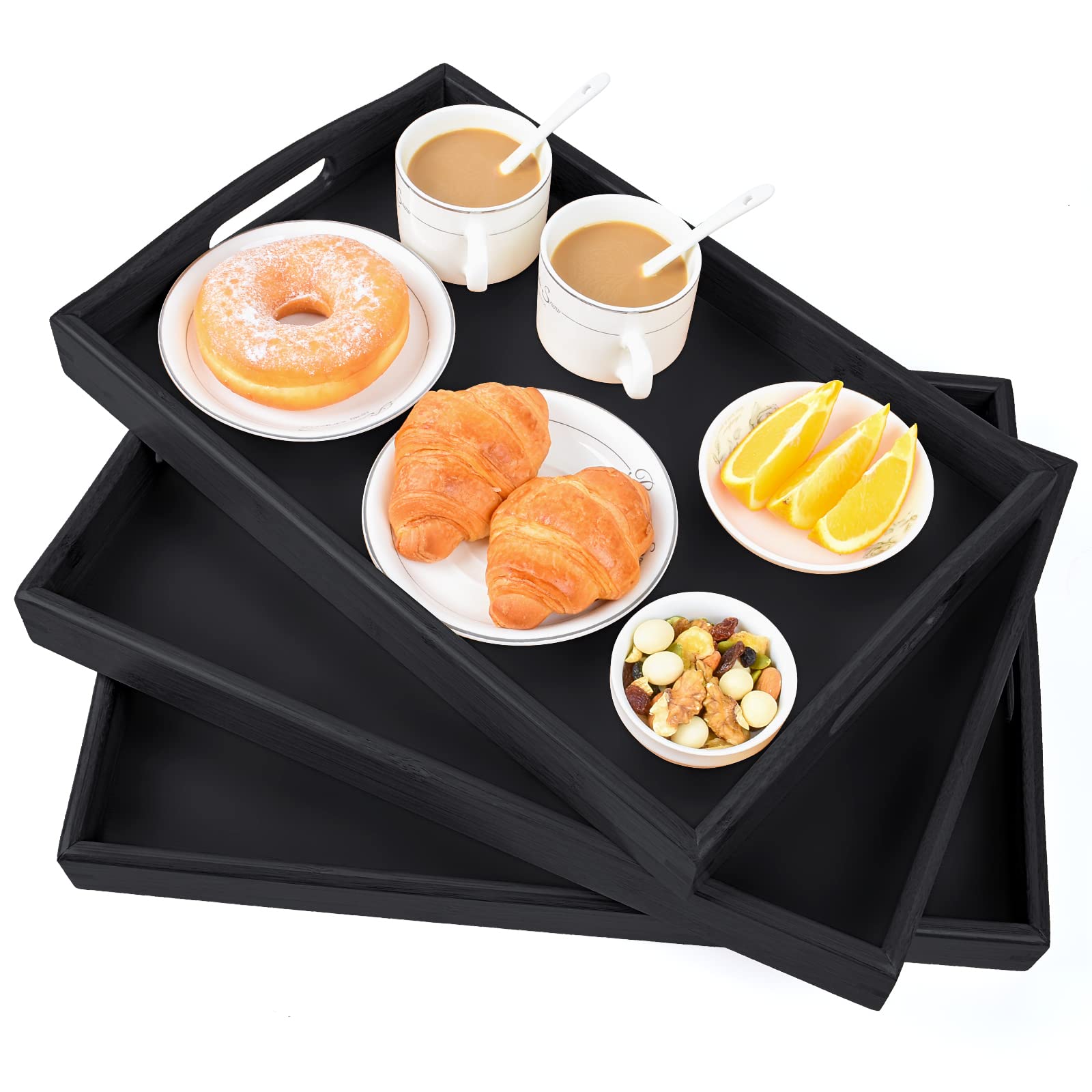 Akkajj Bamboo 3 Pack Serving Tray Kitchen Food Tray With Handles Serving Platters Tray Great For Dinners Party,Tea Bar, Table Br