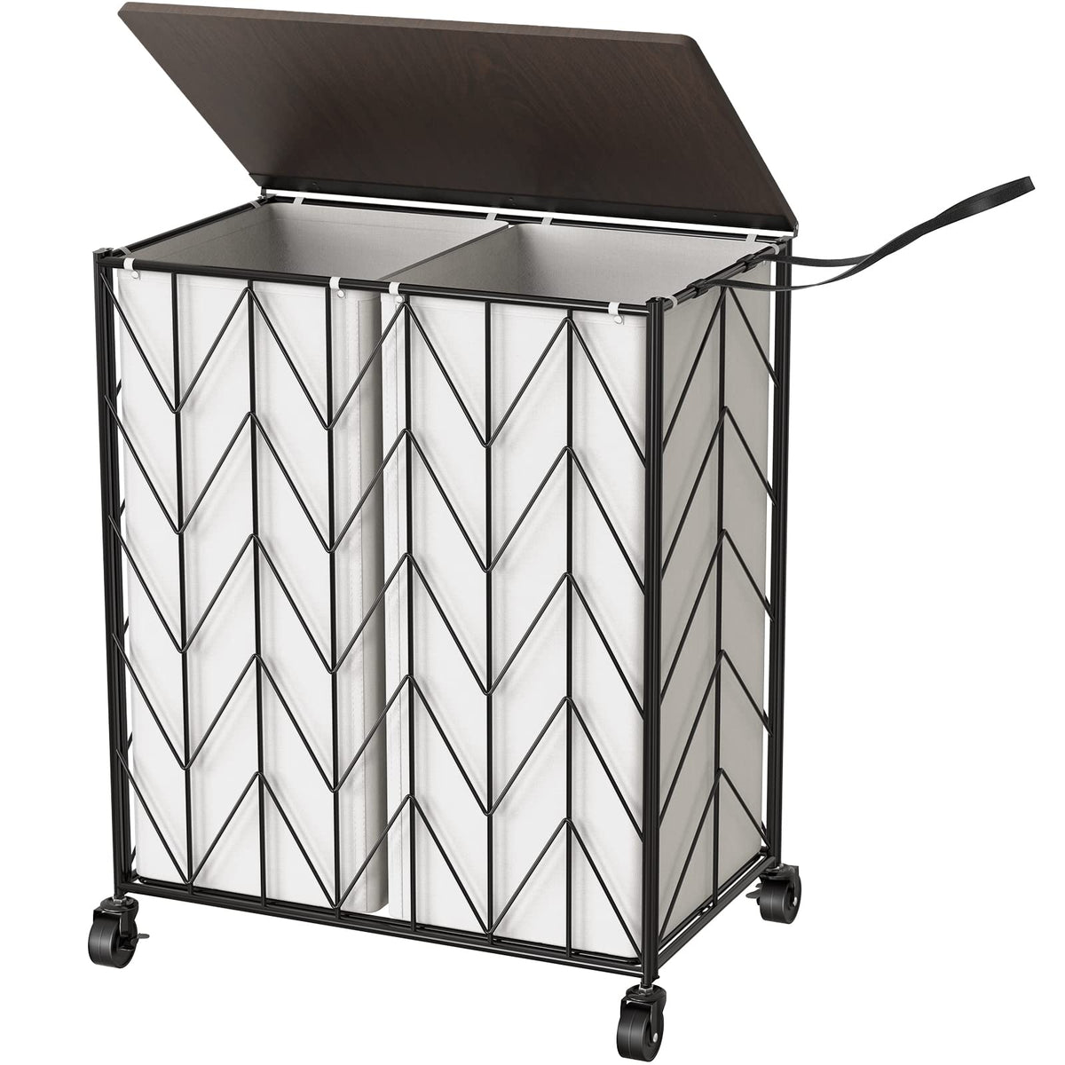 Wowlive Laundry Basket With Wheels, Heavy Duty Laundry Hamper With Wood Lid, Clothes Hamper With Divided Removable Liner Bag, La