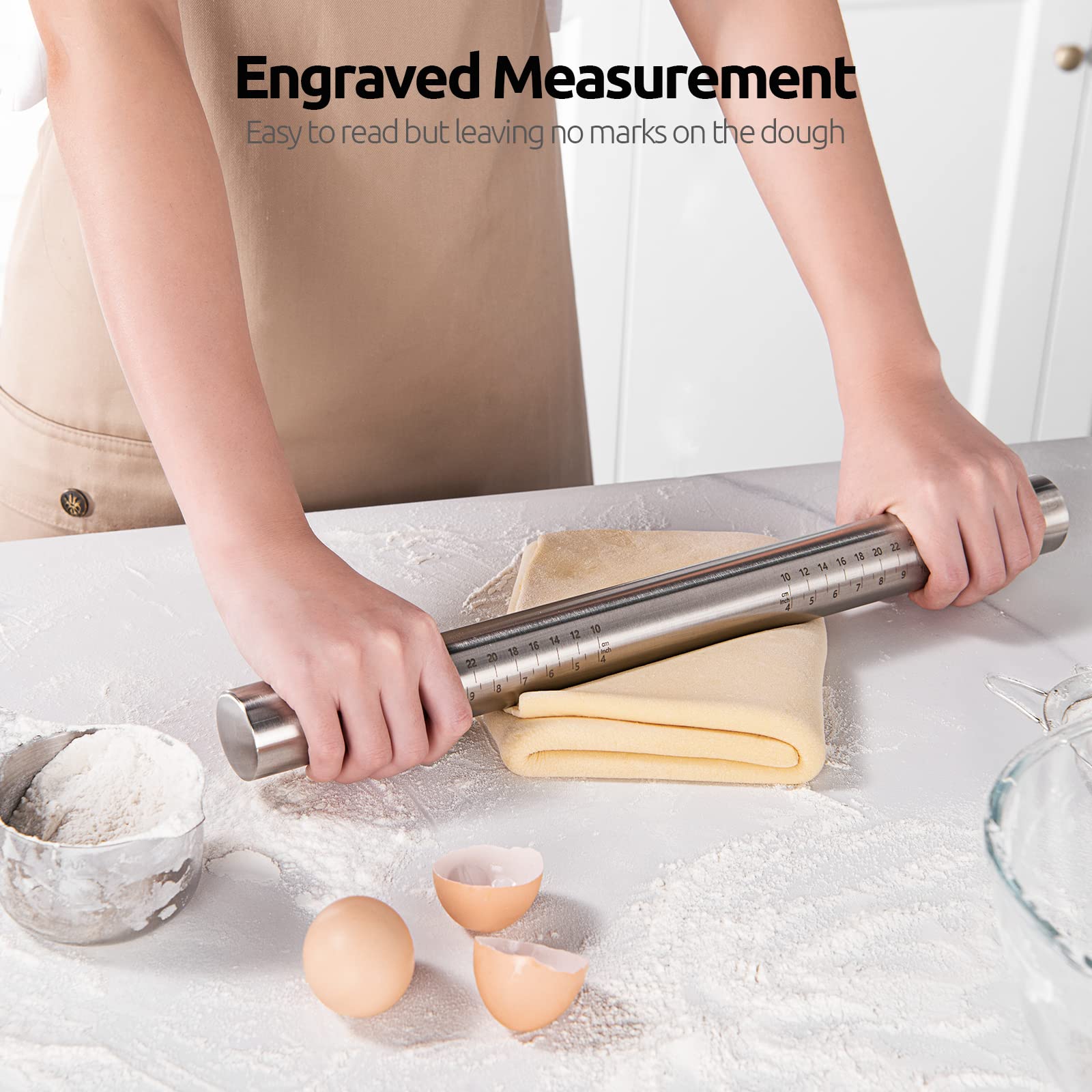 U-Taste 18/8 Stainless Steel 16 Inch Adjustable Rolling Pin With Silicone Removable Thickness Rings, Nonstick Kitchen Roller Pin