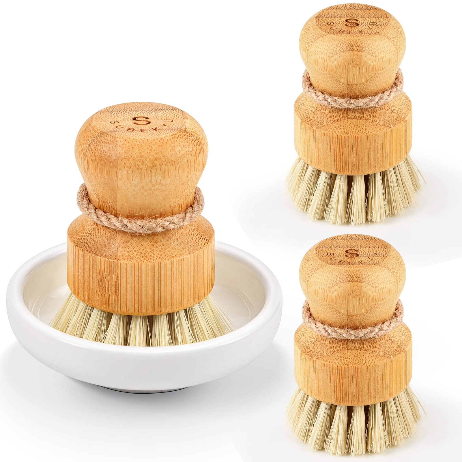 Bamboo Dish Scrub Brushes By Subekyu, Kitchen Wooden Cleaning Scrubbers Set For Washing Cast Iron Pan/Pot, Natural Sisal Bristle