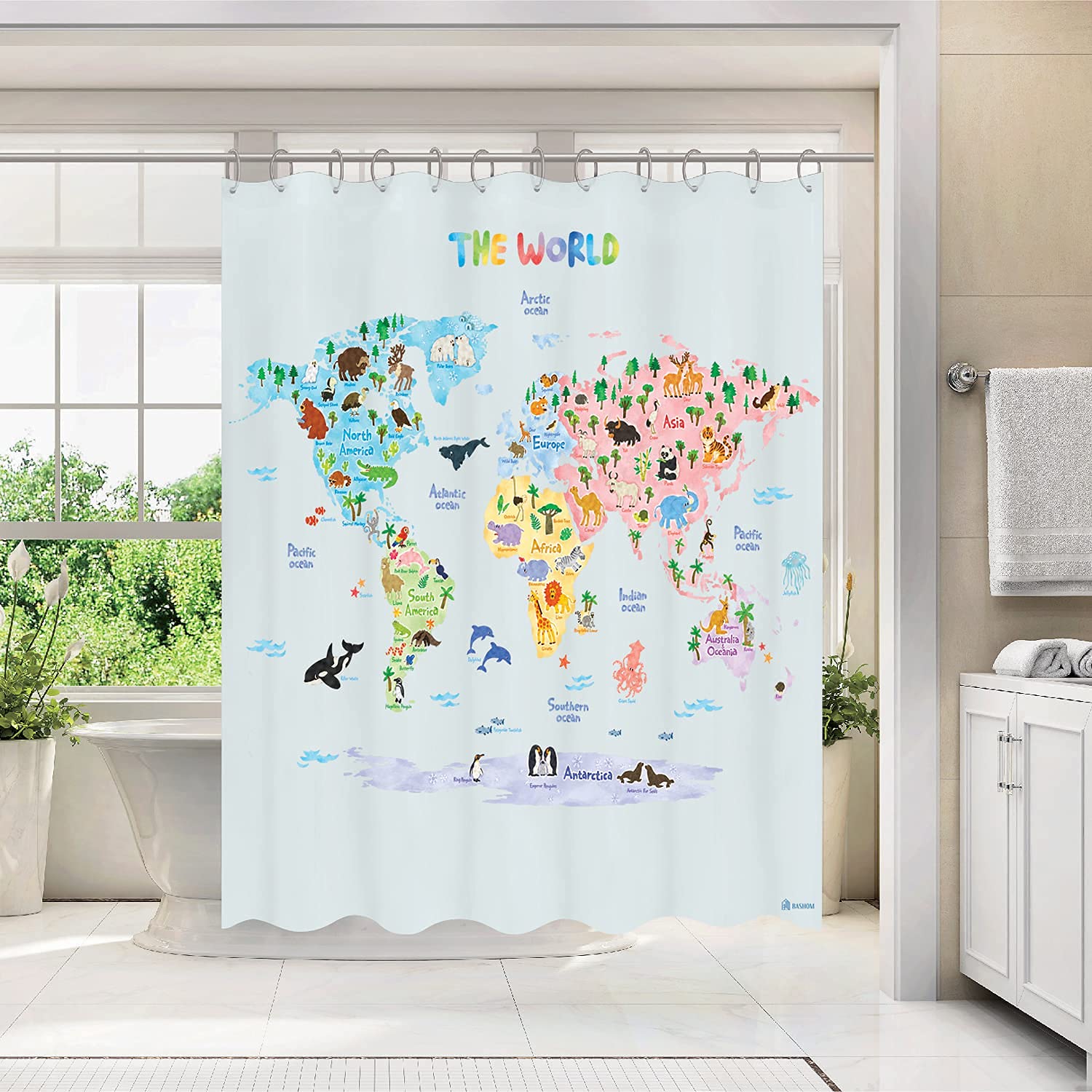 Bashom Bsc-615 Animal World Map Shower Curtain Set For Kids Waterproof Washable Decorative Bathroom 71''X71'' (180X180Cm) Polyes