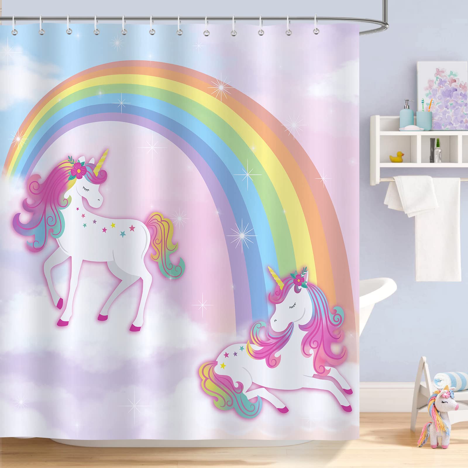 Bonhause Unicorn Shower Curtain for Kids Girls Rainbow Pink Purple Decorative Bath Curtain 72 x 72 Inch Polyester Fabric Waterproof Bathroom Curtain with 12 Hooks