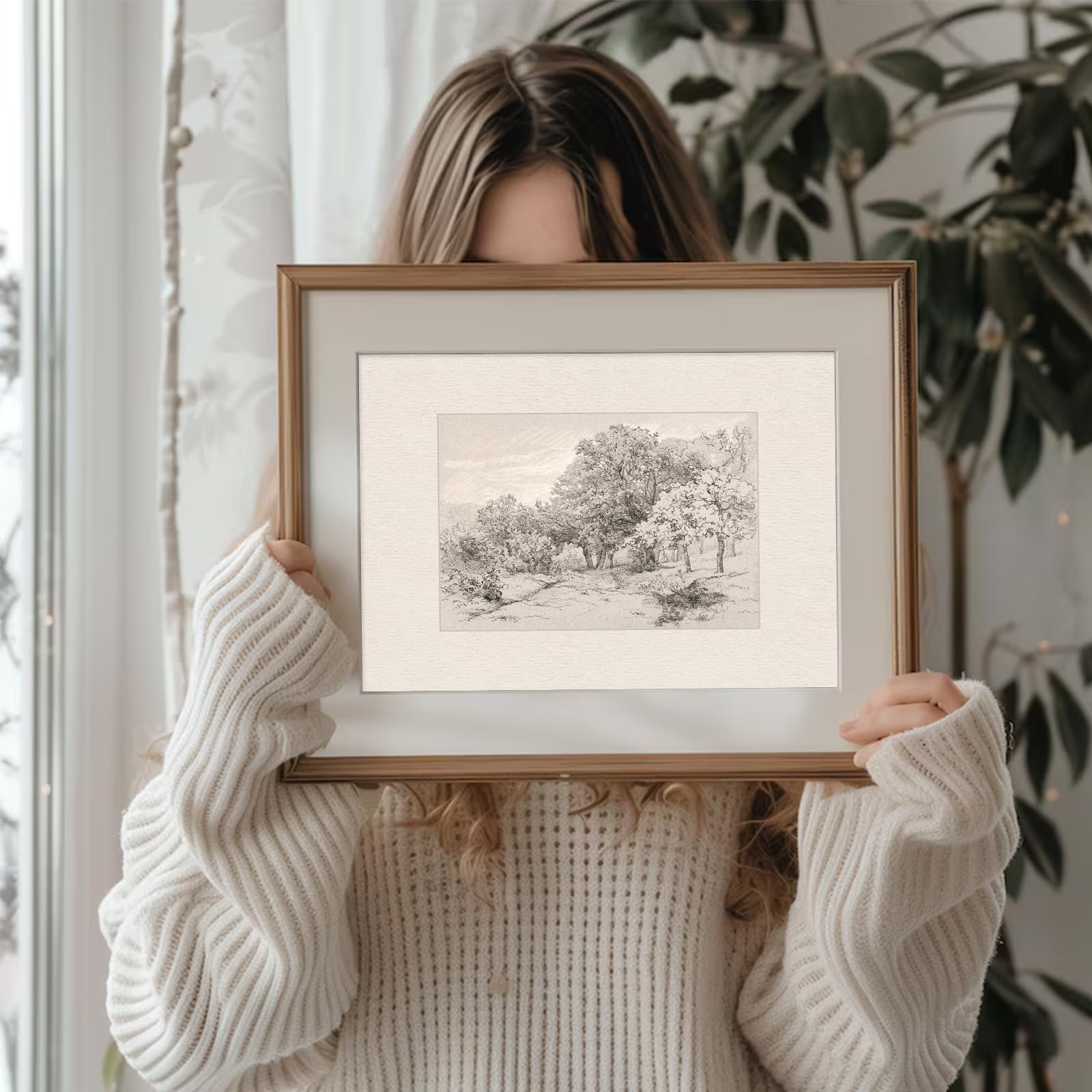 Uniro Neutral Wall Art For Home Decor, Farmhouse Landscape Tree Sketch Drawing Wall Decor, Rustic Nature Canvas Prints Antique M