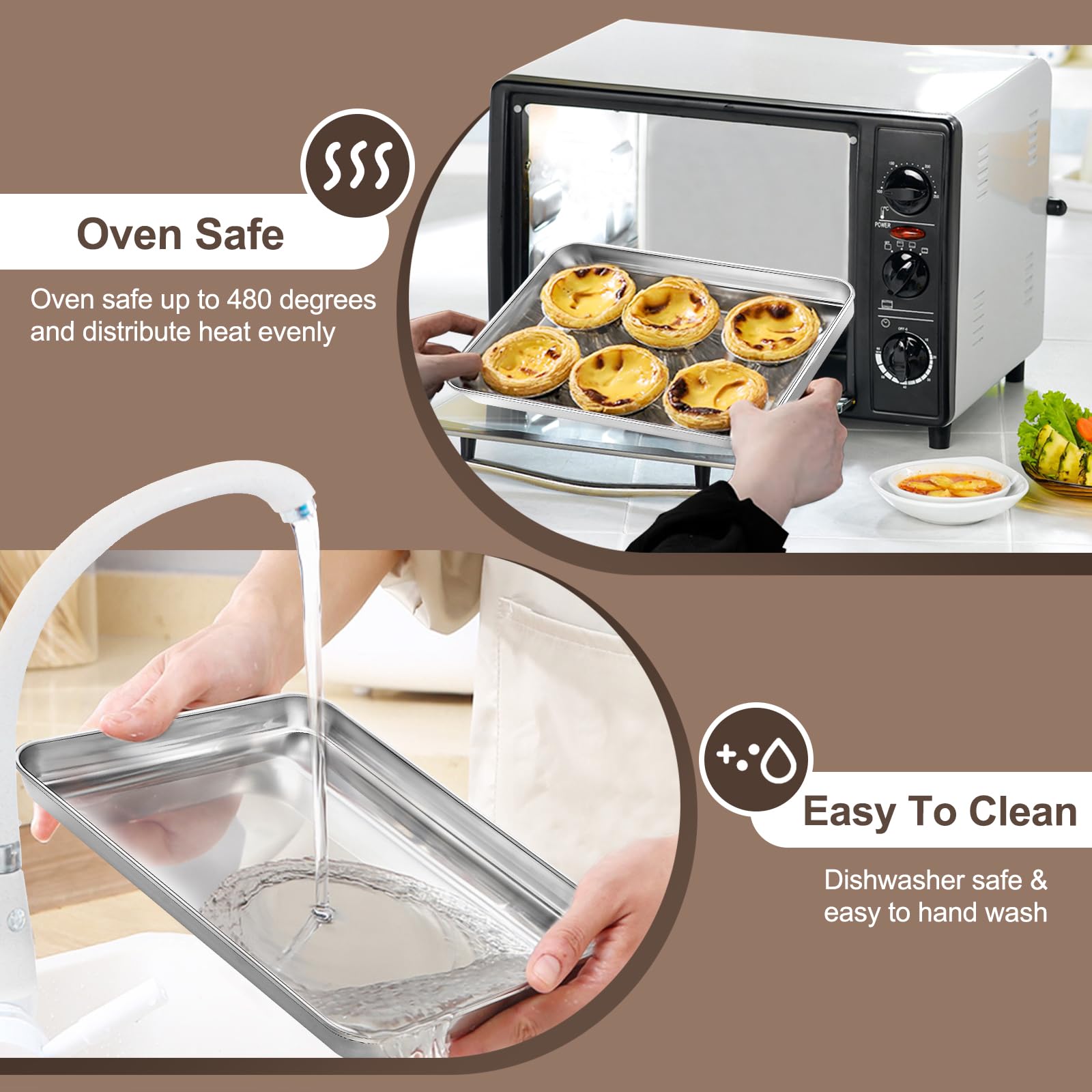 Zacfton 2 Pieces Stainless Steel Toaster Oven Pans, Baking Sheets For Oven Cookie Sheets, 16Inch & 12Inch Baking Pans, Non Stick