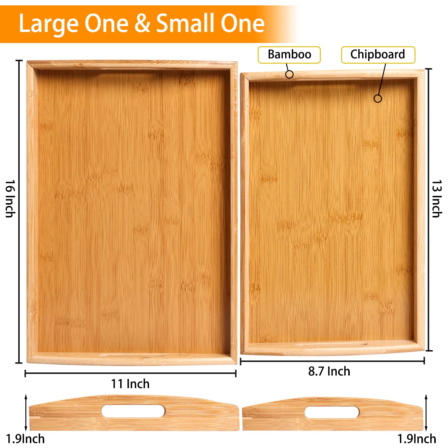 2 Pack Bamboo Serving Tray With Handles, Portable Bed Tray For Breakfast Dinner, Eating Trays For Living Room,Restaurants