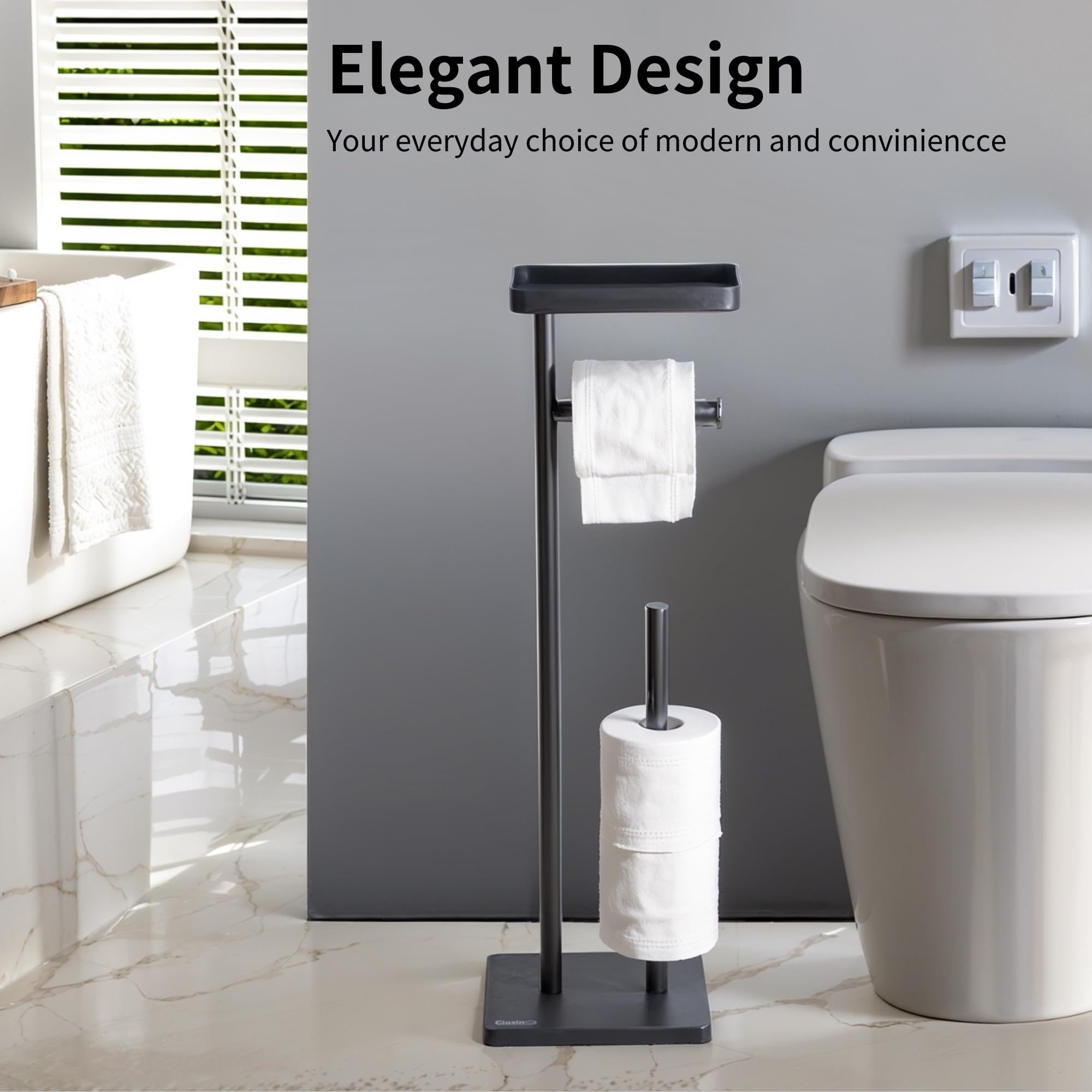 Clasin Home Toilet Paper Holder Stand, Free Standing Toilet Paper Holder With Storage And Metal Top Shelf, Black Toilet Paper St