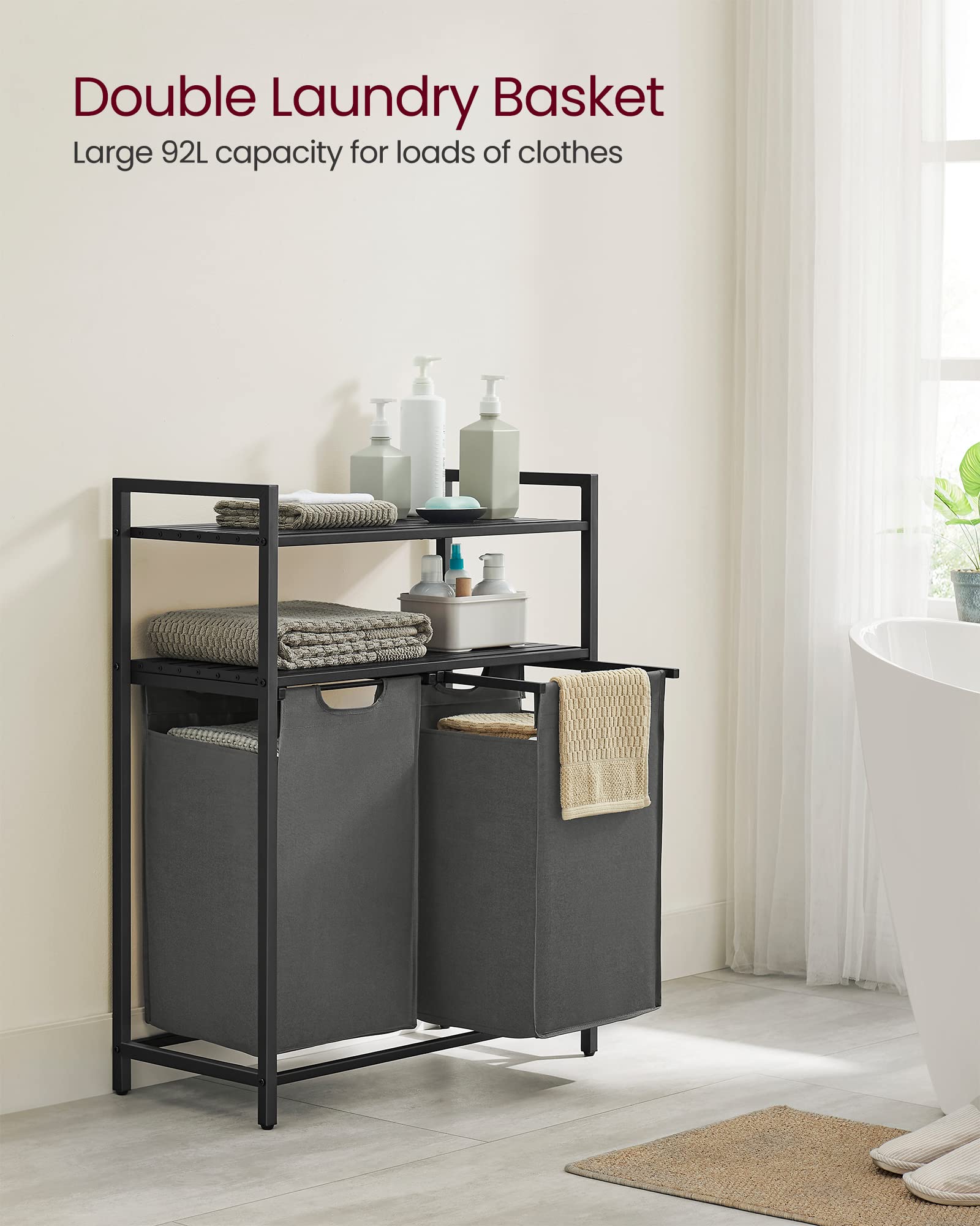 Vasagle Laundry Hamper, Laundry Basket, Laundry Sorter With 2 Pull-Out And Removable Bags, 2 Shelves, 12.1 Gal (46L) Capacity Pe