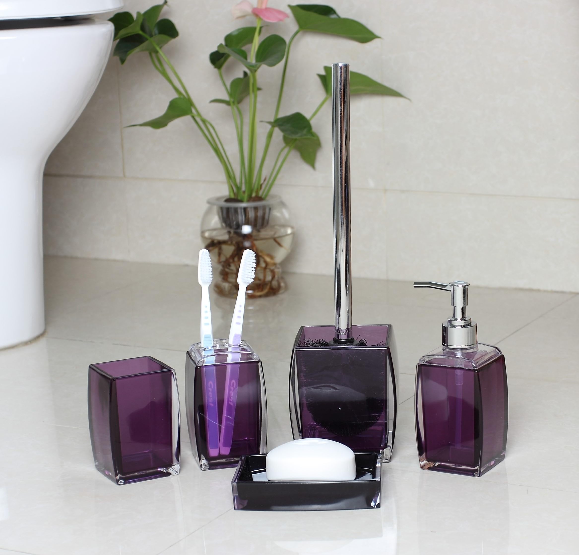Tuanyo 5 Pcs Purple Acrylic Bathroom Accessories Set Complete,Lotion/Soap Dispenser,Soap Dish,Toothbrush Holder, Tumbler,Toilet