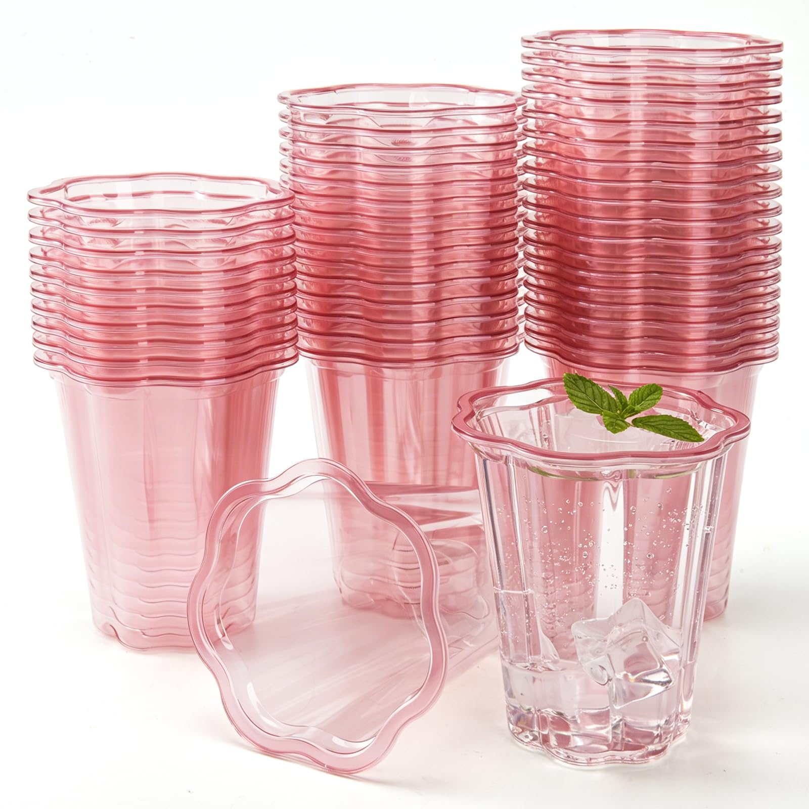 Ghekcn 50 Pack Pink Scalloped Plastic Cups 12 Oz Clear Disposable Cups Scalloped Tableware for Wedding Baby Shower Pink Birthday