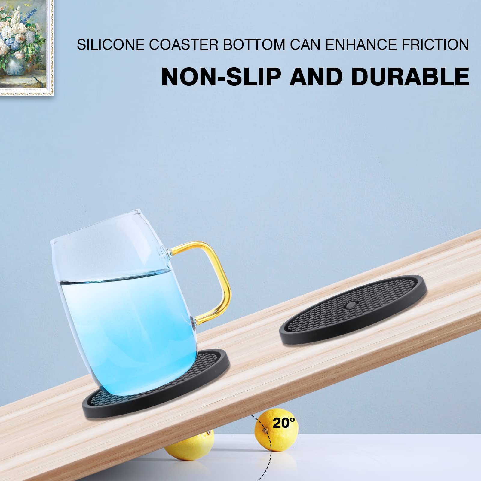 Coasters For Drinks, Silicone Coasters Set Of 2, Cup Mat- Deep Tray - Non-Slip Base & Non-Stick, Black Coasters For Prevents Fur