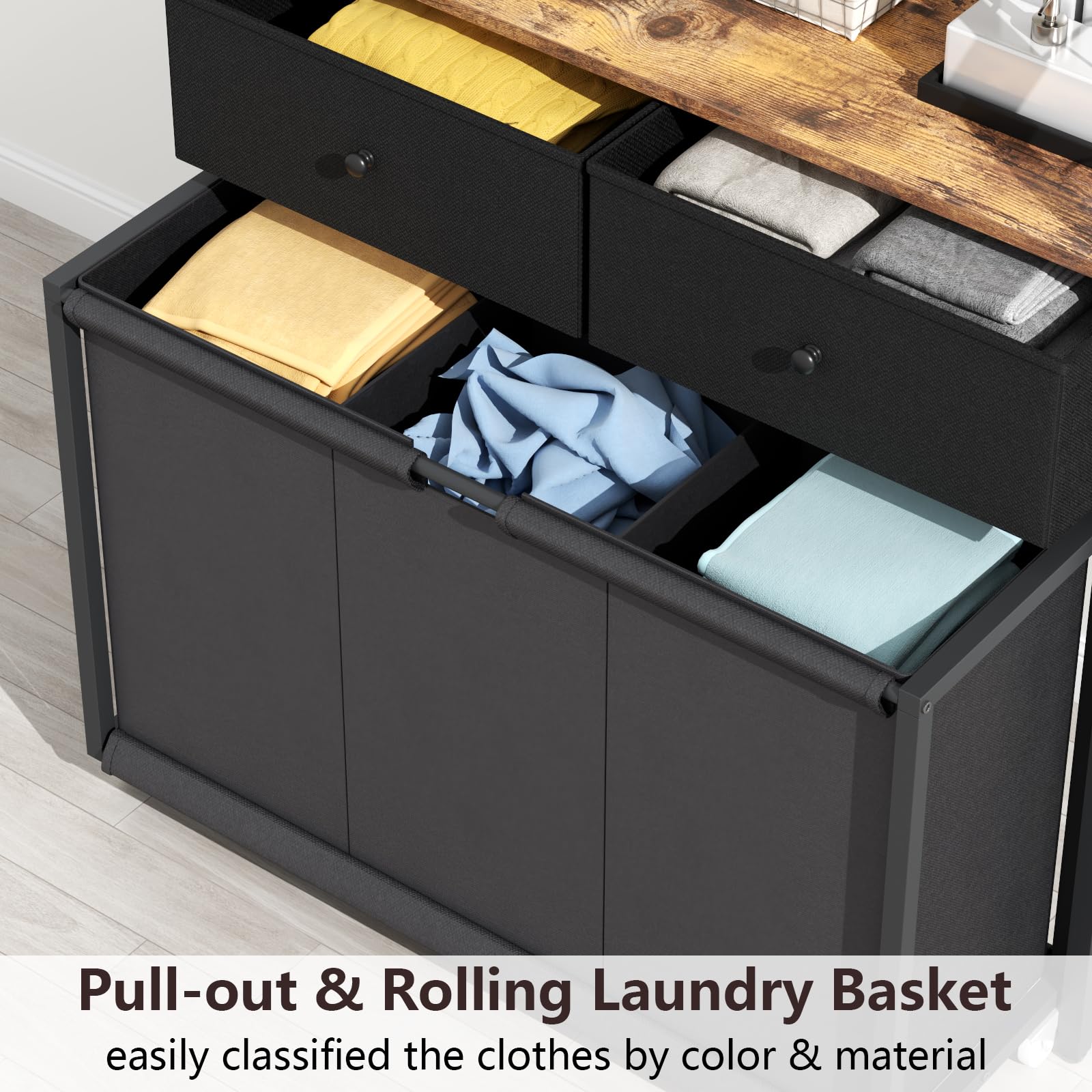 Stikely Laundry Hamper Laundry Basket With 3 Section Pull-Out Rolling Bags & 2-Tier Storage Shelf, Laundry Sorter For Organizati