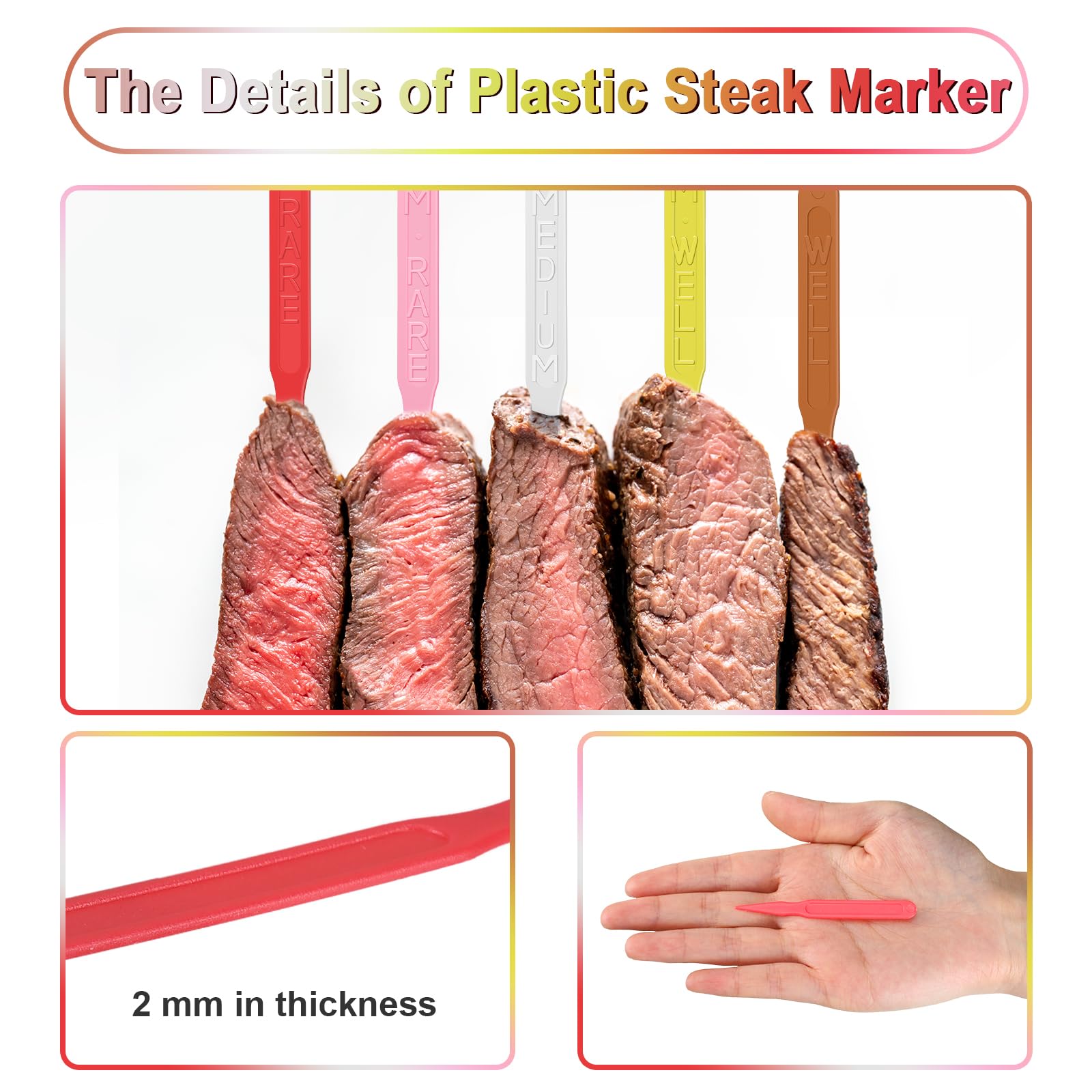 500 Pcs 3 Inch Plastic Steak Markers Colorful Plastic Meat Doneness Picks Steak Temperature Sticks Rare, Medium Rare, Medium, Me