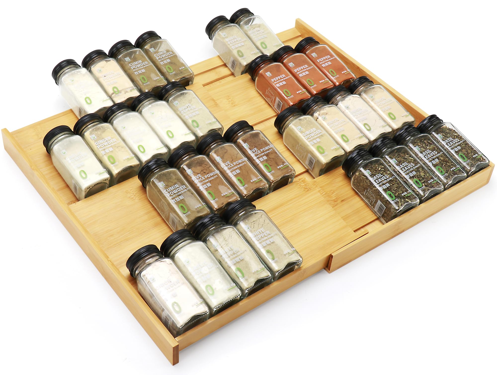 Bamboo Spice Drawer Organizer, (Need 3.1    Deep Drawer) Expandable 4 Tier Spice Rack for Cabinet (From 12 to 23 Wide), Seasonin