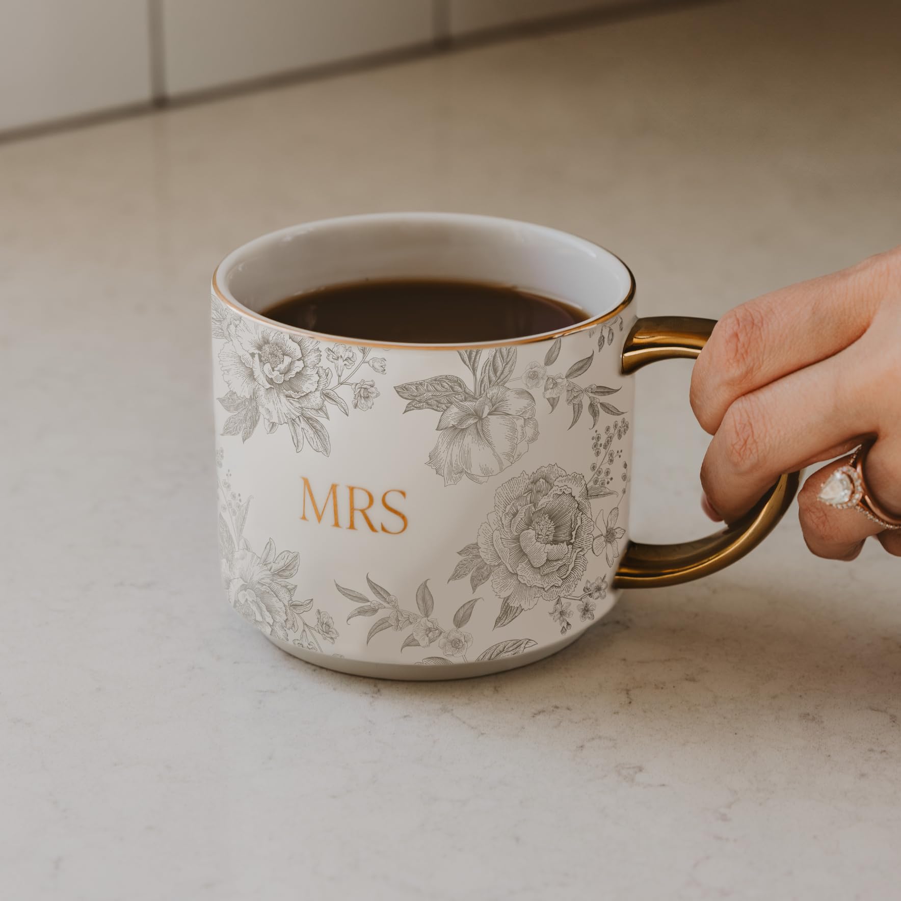 Sweet Water Decor Mrs Mug, 14oz Fine Bone China Coffee Cup with Gold Handle and Grey Delft Pattern, Bridal Shower Gift for Weddi