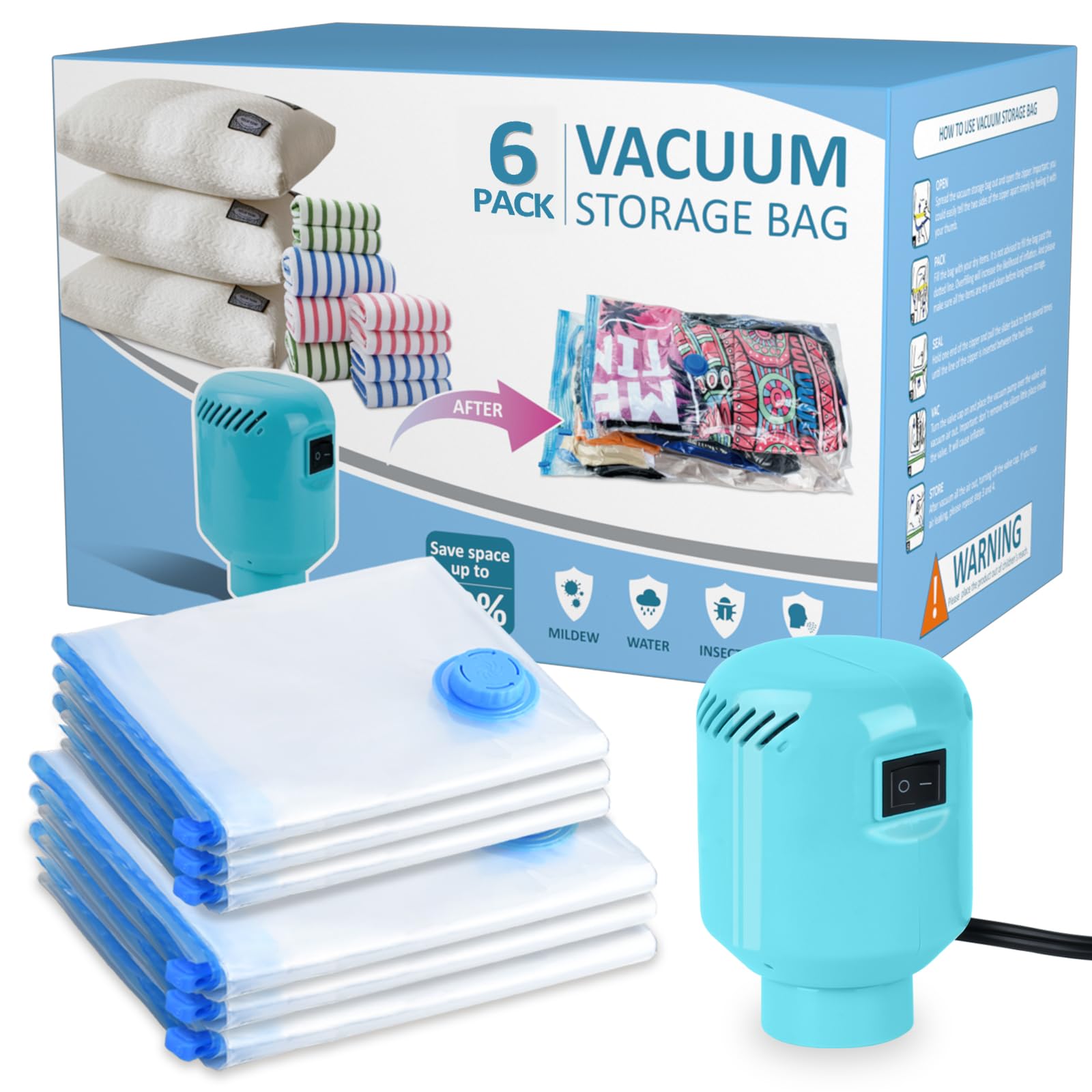 Kissleaf Vacuum Storage Bags With Electric Air Pump, 6 Pack (3 Jumbo, 3 Large) Fast Deflating Double Zip Seal Space Saver Bag Fo