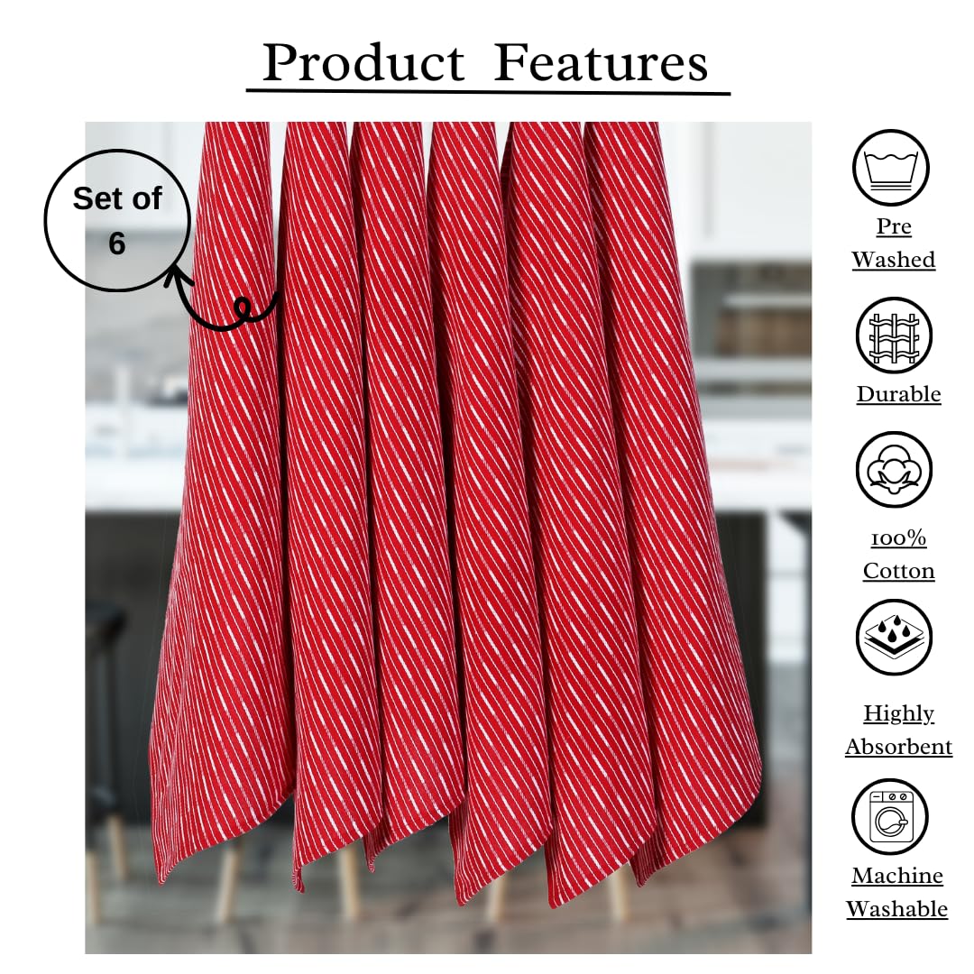 Brookyn Stripe Kitchen Towel 18X28Inch Red,100% Cotton, Quick Dry, Tea Towels, Bar Towels, Highly Absorbent, Cleaning Towels, Ki