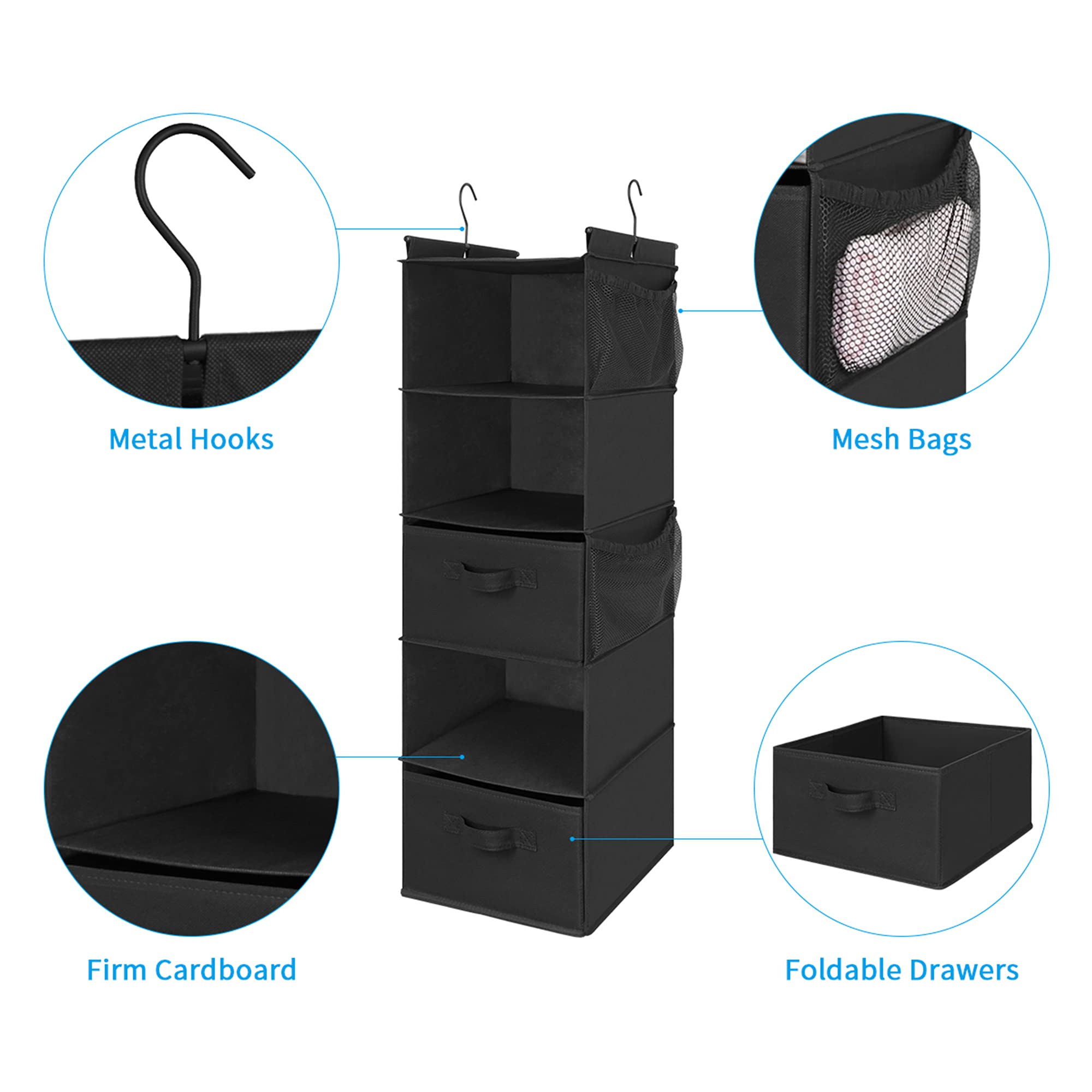 Max Houser 5 Tier Shelf Hanging Closet Organizer, Cloth Hanging Shelf With 2 Sturdy Hooks For Storage, Foldable (Black-D2)