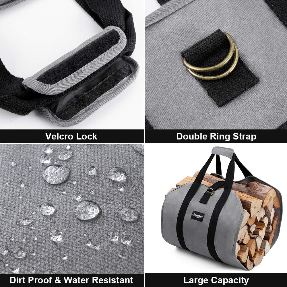 Amagabeli Firewood Carrier Tote Waxed Canvas Log Tote Carrying Bag Wood Carrier Bag with Handles Security Strap for Camping Indoor Firewood Logs Tote Log Holder Birchwood Stand Gray BG291
