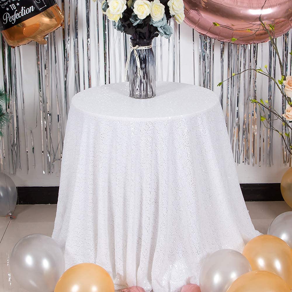 Jyflzq White Sequin Tablecloth 70 Round Sparkly Drape Table Cloths Table Cover Overlay For Wedding Birthday Party Baby Bridal Sh