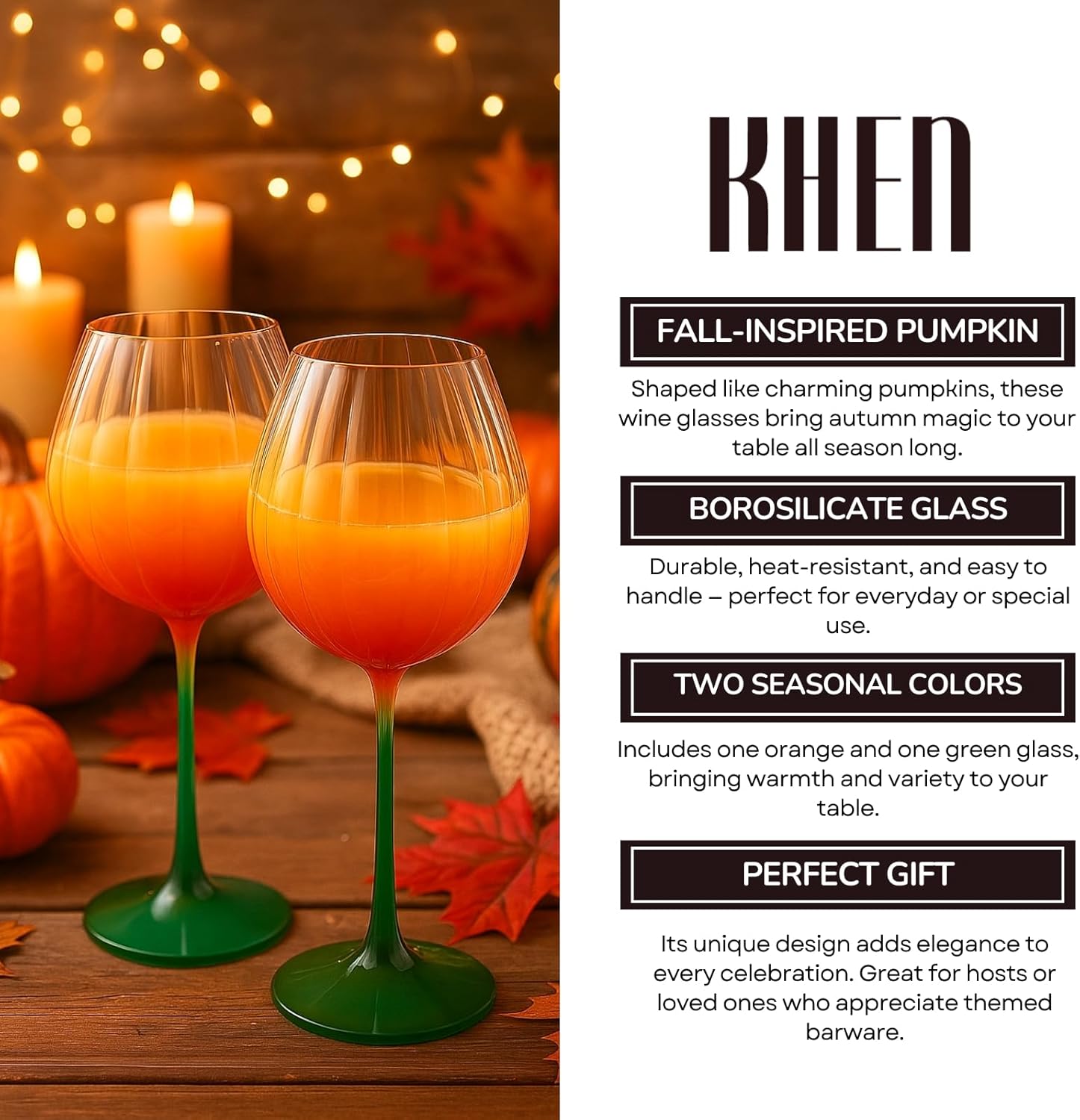 Khen Pumpkin Wine Glasses Fall Inspired Lightweight - Set of 2 Orange & Green