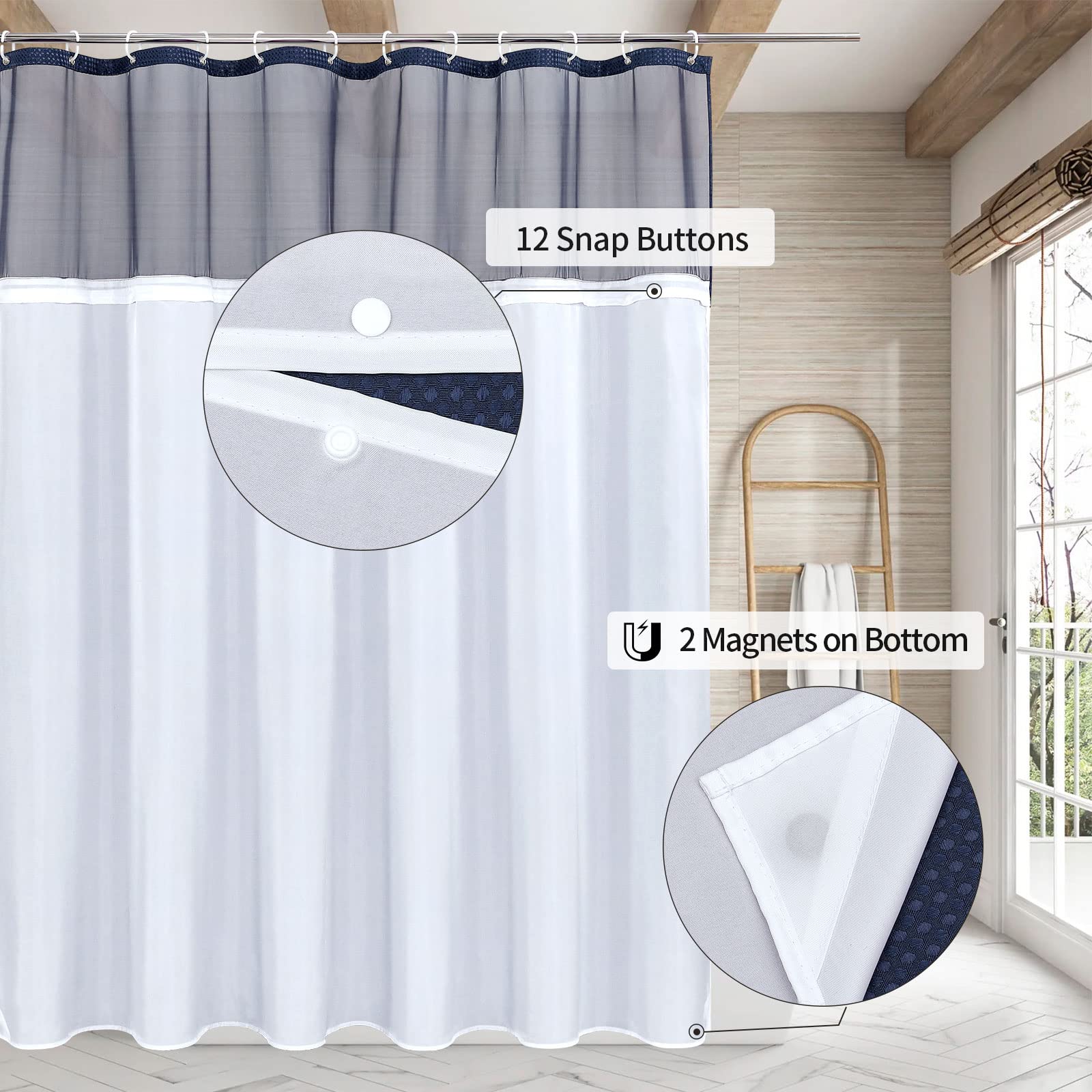 MitoVilla Long Shower Curtain 72 x 78  Navy Blue Waffle Fabric Shower Curtain Set with Snap-in Liner  78 inches Long Cloth Mesh Top Window Shower Curtain for Hotel Spa Bathroom Decor