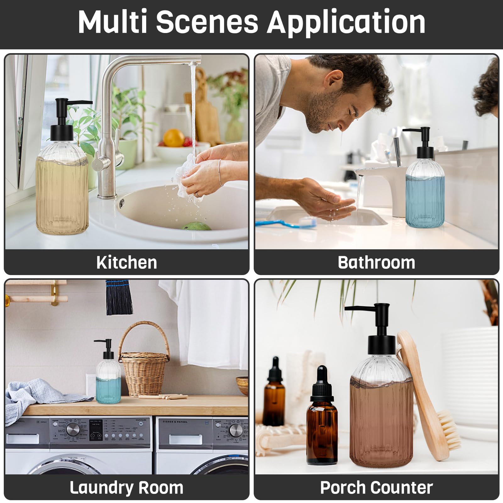 Ulable 2 Pack Glass Soap Dispenser With Pump, 13.5Oz Refillable Soap Dispensers With Vertical Stripe For Hand Wash & Dish Wash,