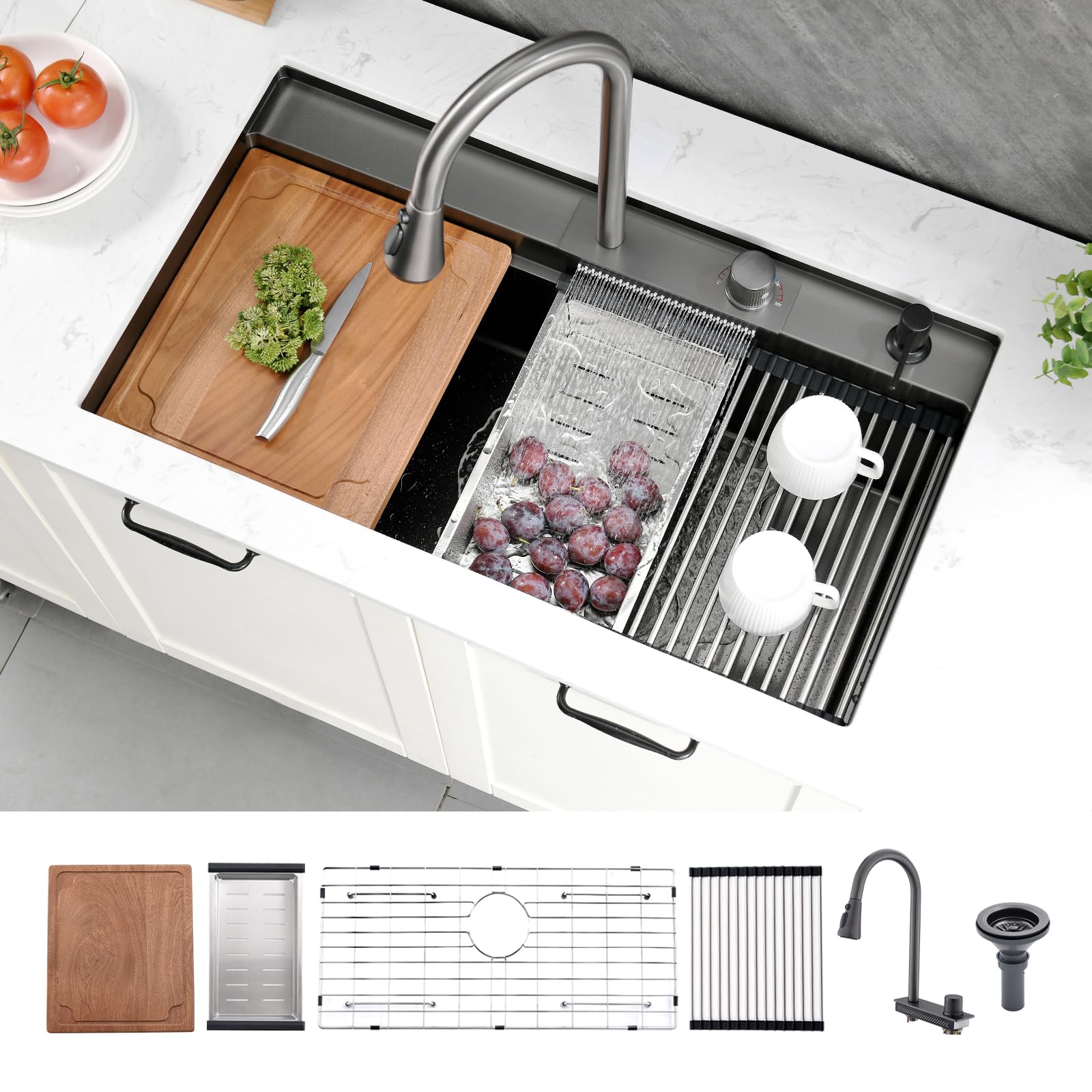 33 Inch Black Undermount Kitchen Sink Waterfall Workstation, Boomhoze 33X19 Waterfall Kitchen Sink Dual Mount Workstation Sink B