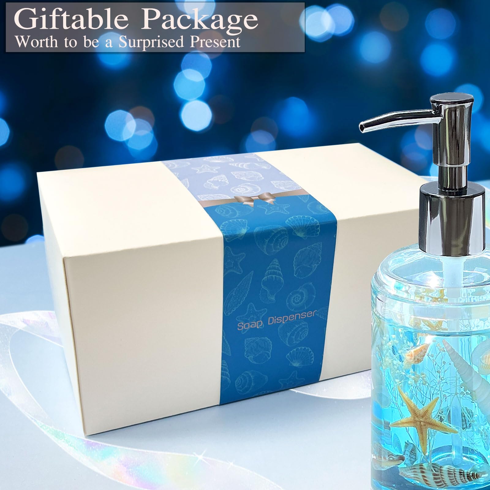 Fonmy Soap Dispenser With Pump Acrylic W/Nature Seashell Handmade Bathroom Hand Soap Dispenser, Kitchen Refillable Liquid Dispen