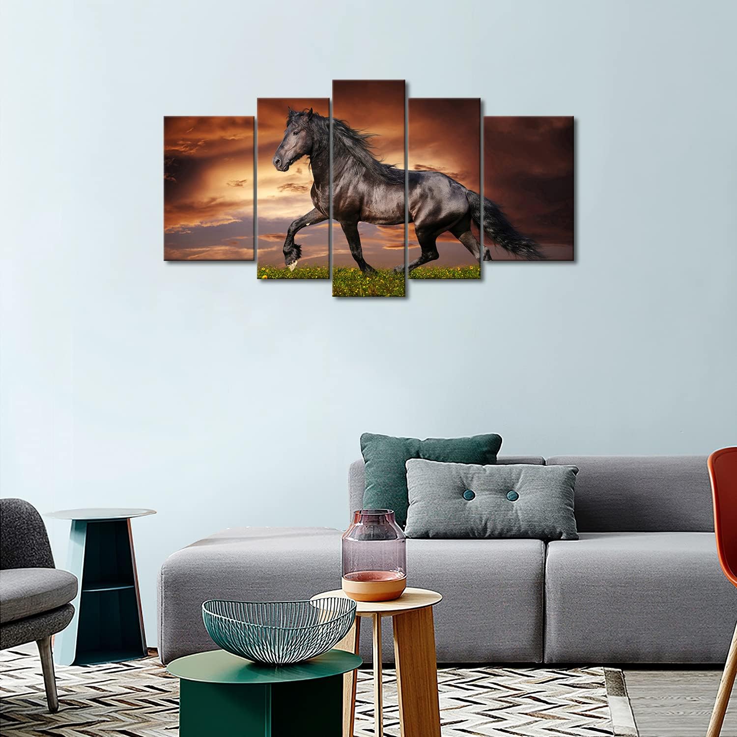5 Panel Wall Art Black Friesian Running Horse Trot On The Field On Sunset Grass and Flower Painting Pictures Print On Canvas Animal The Picture for Home Modern Decoration Piece (A)