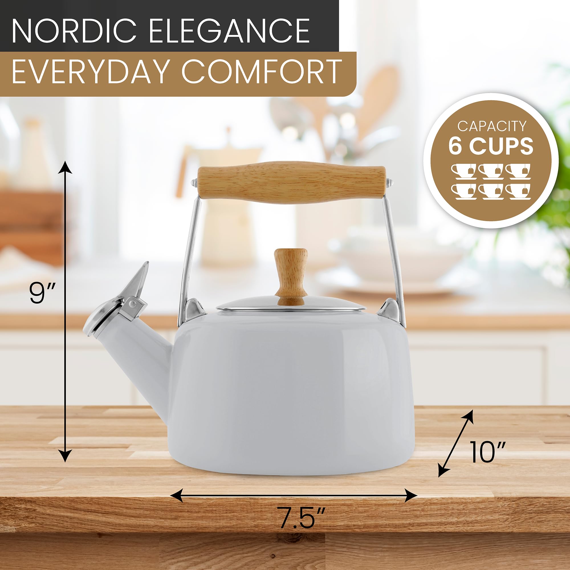 Chantal Sven Enamel On Steel Whistling Teakettle With Natural Wood Handle, 1.4 Quarts (White)