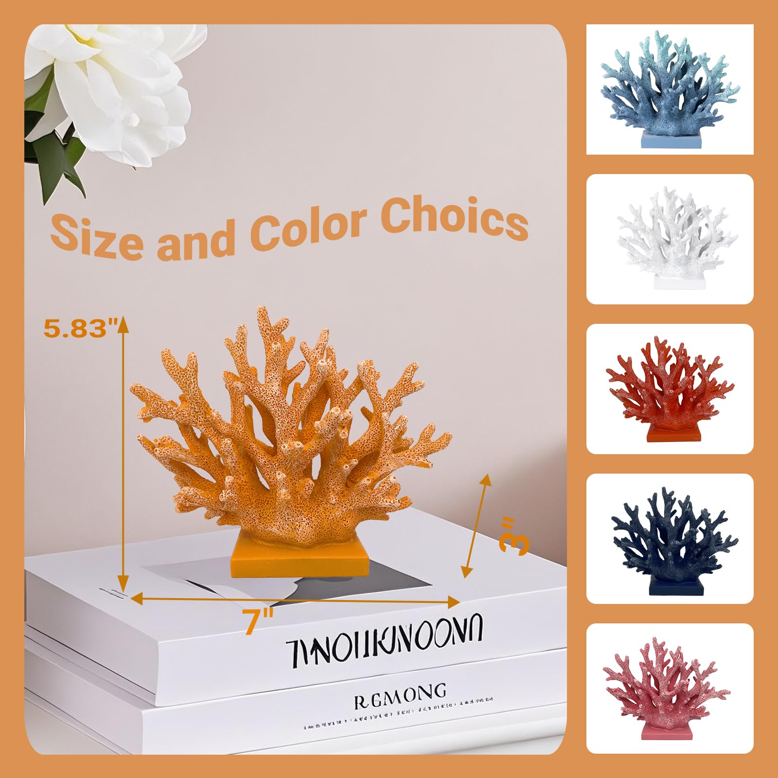 Elegondrar 5.8 H Orange Coral Decor - Resin Coral Statue, Nautical Decor for Home, Bedroom, Bathroom, Living Room, Ocean Themed