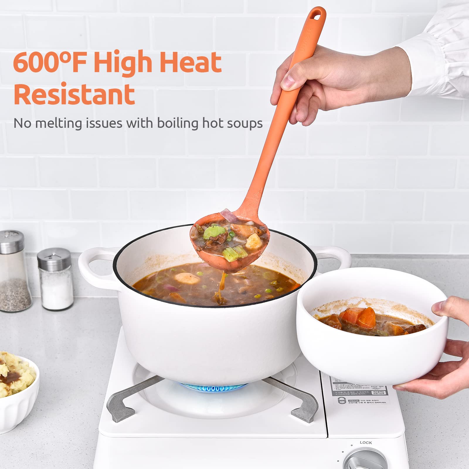 13 Inch Silicone Soup Ladle: U-Taste 600F Heat Resistant 4 Oz Large Non-Stick Seamless Rubber Kitchen Deep Serving Spoon With No