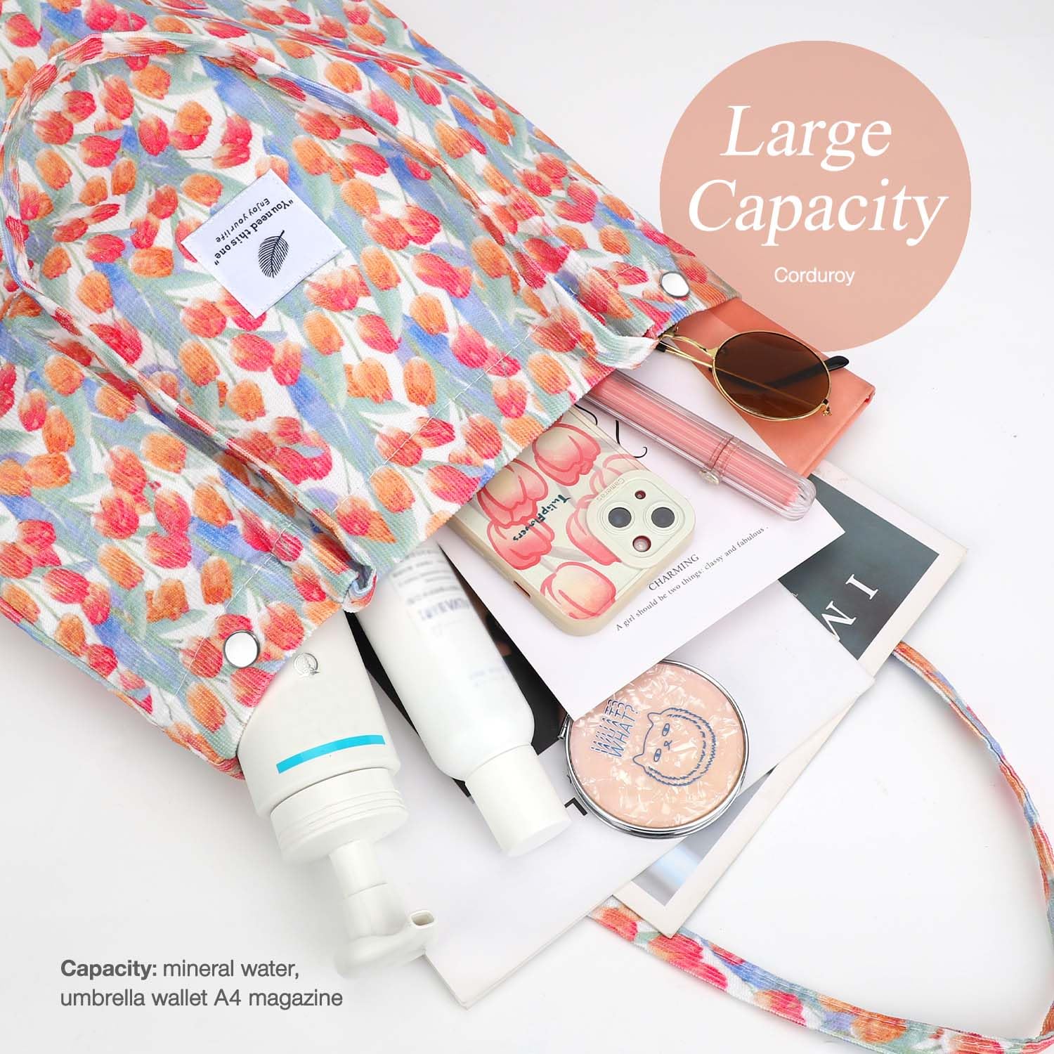 Lhmtqvk Corduroy Tote Bags For Women, Large Capacity Corduroy Bag Reusable Grocery Shoulder Bag With Inner Pockets(Tulips)