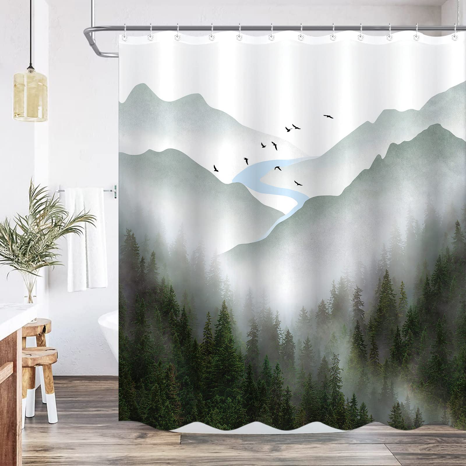 Zussun Green Misty Forest Shower Curtain Nature Foggy Tree Mountain Shower Curtains For Bathroom Waterproof Fabric Woodland Deco