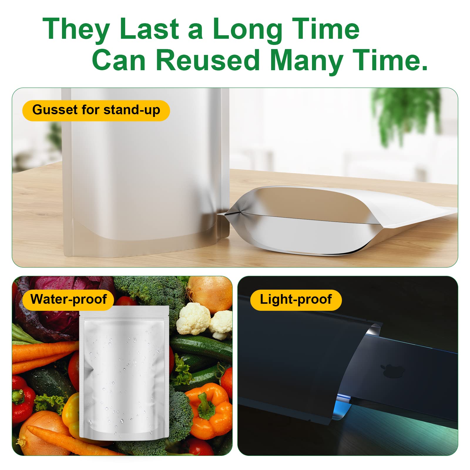 100 Mylar Bags For Food Storage, Extra Thick 9.5 Mil Mylar Bags 1 Quart, Gusset Ziplock And Heat Sealable Mylar Bags For Food St