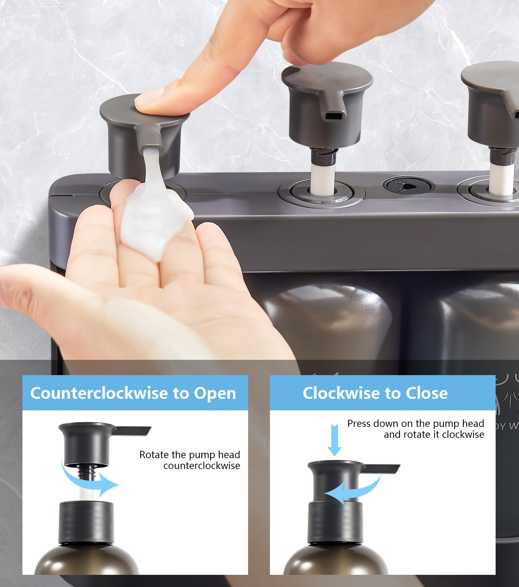 INCEPRIPARI Shower Dispenser - 3 Chamber Wall Mounted Shampoo and Conditioner, Black, No Drill, Plastic, Model IH3-P380