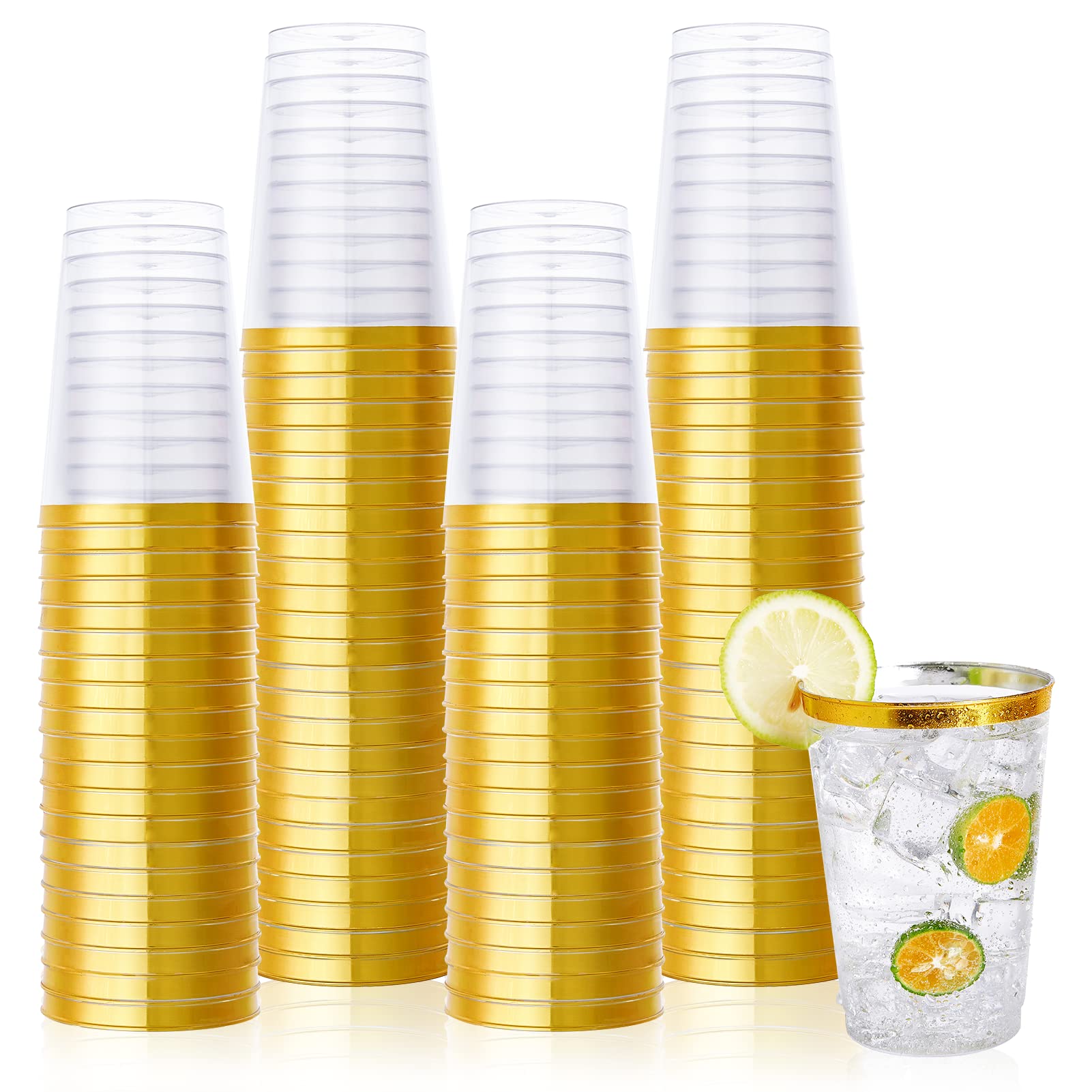 Vplus 150Pack 12 Oz Gold Rimmed Plastic Cups, Reusable Clear Plastic Cups, Disposable Heavy Duty Plastic Cups Perfect For Weddin