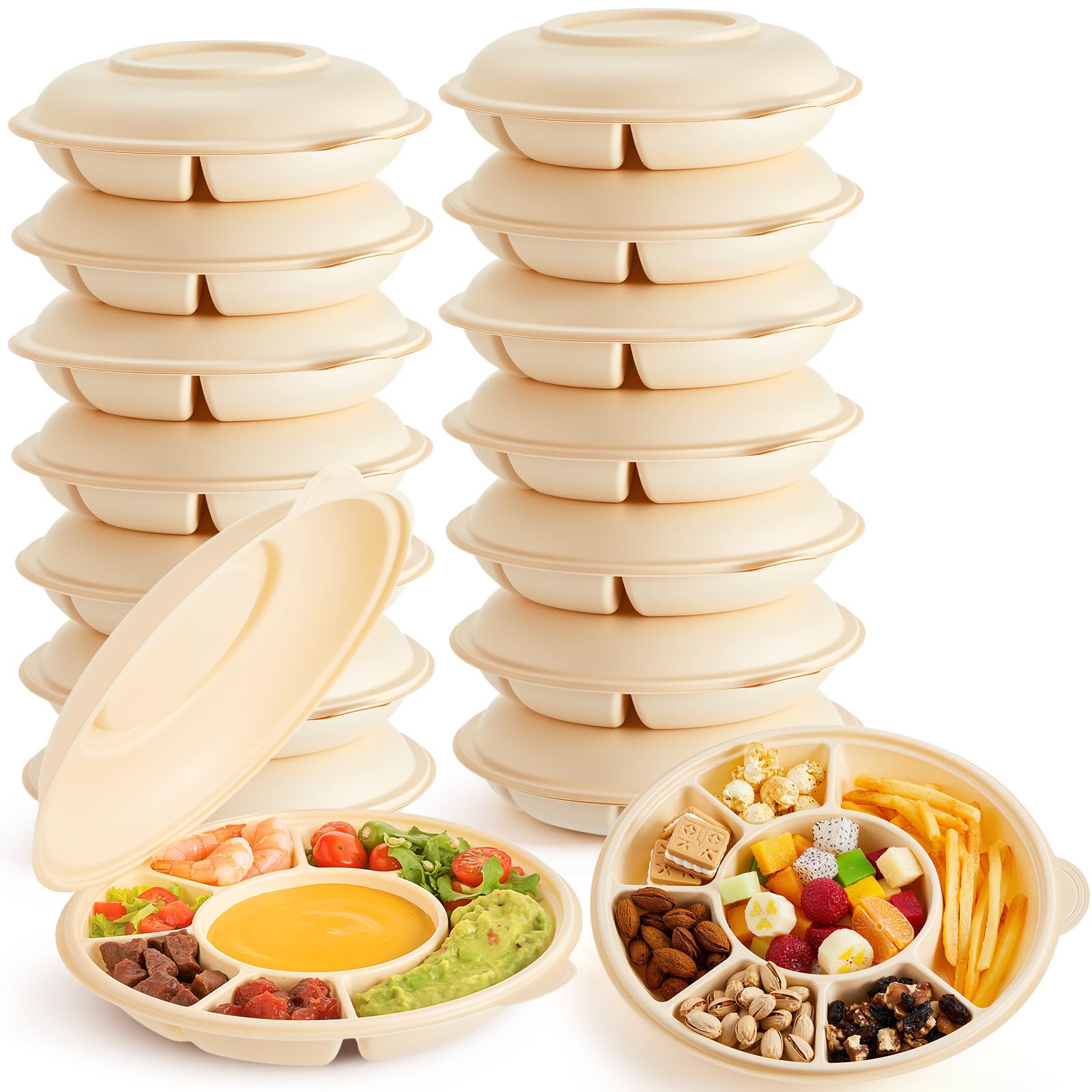 16 Pcs Round Appetizer Tray with Lid Divided Serving Plates, 11 Inch Disposable Food Storage Containers, Taco Biodegradable Corn