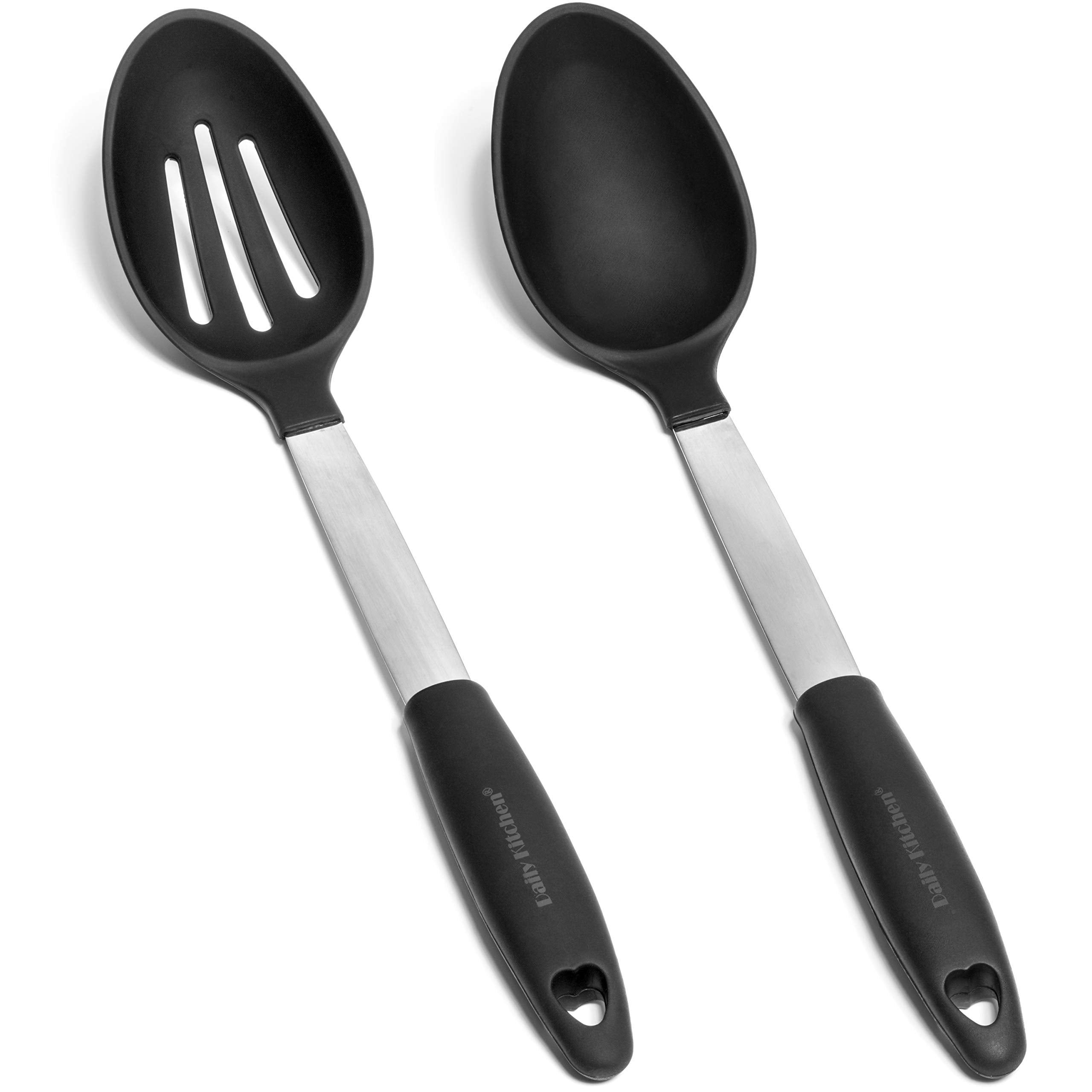 Daily Kitchen Cooking Spoons Set Heat Resistant Silicone And Stainless Steel Metal - Serving Spoon With Rubber Grip - Flexible S