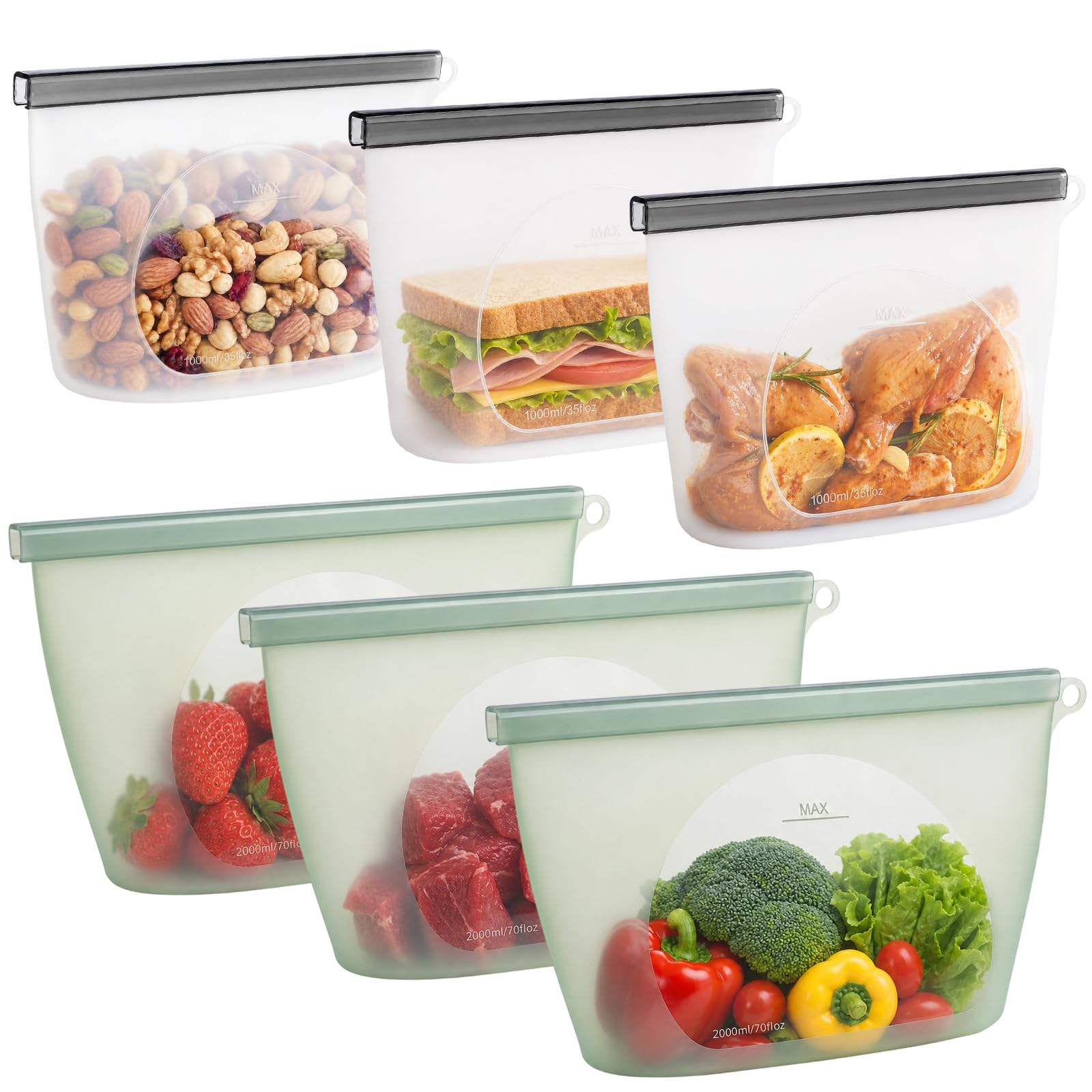 Silicone Reusable Food Storage Bags, 6Pack, 3 x 67.6 fl oz and 3 x 33.8 fl oz, Freezer Safe, Microwave, Dishwasher and Oven Saf