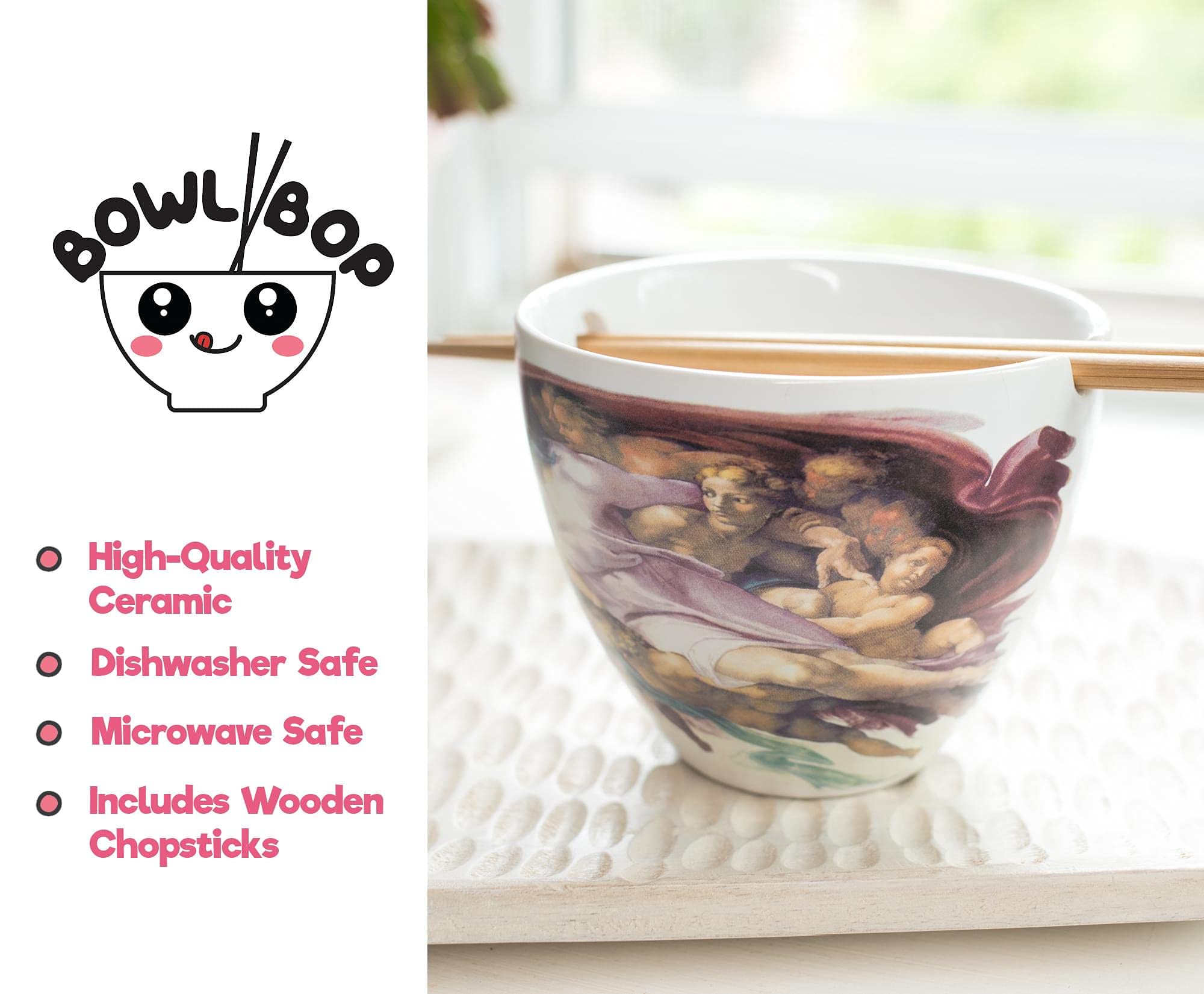 Bowl Bop Sistine Chapel Japanese Ceramic Dinnerware Set | Includes 16-Ounce Ramen Noodle Bowl And Wooden Chopsticks | Asian Food