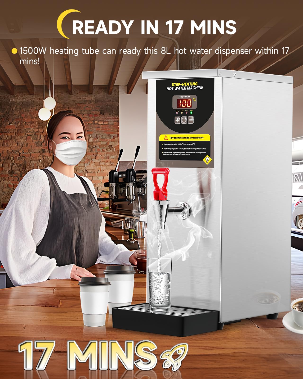 Moonshan 17-Min Step-Heating Hot Water Dispenser, 8.5 Quart, Silver, Model TT-63-8L for Boba Tea, Milk Tea, Restaurant, Hotel, Office