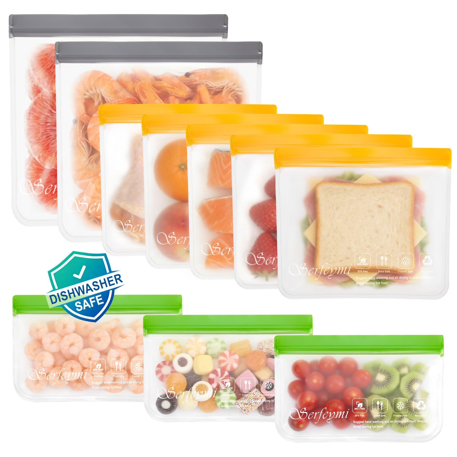 Serfeymi 10 Pack Reusable Gallon Freezer Bags Extra Thick, Reusable Plastic Bags Bpa Free, Leak Proof Food Storage Bags With 3 S