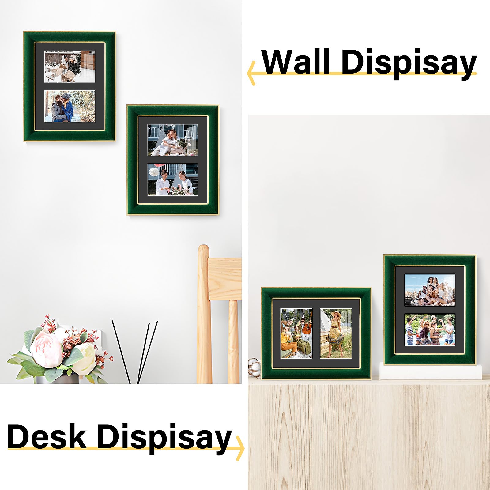 KSROECUD 8x10 Velvet Picture Frame with 2 Opening 4x6 Picture, HD Real Glass Green Velvet Photo Frame with Black White Border Ma