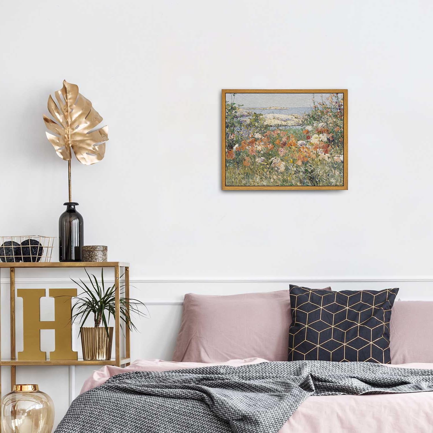 Roslynity Framed Canvas Wall Art Vintage Print Oil Paintings Wildflowers By The Sea Spring Floral Landscape Country Cottage Retr