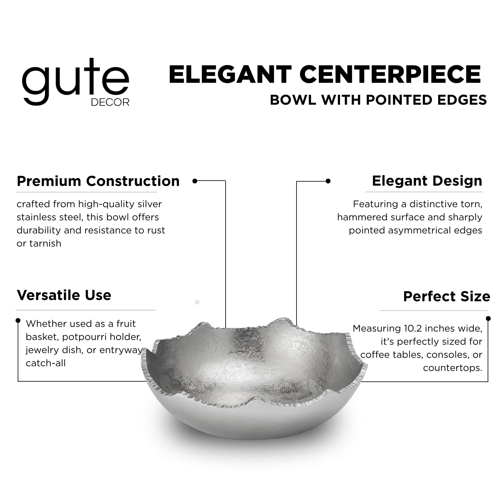 Decorative Silver Moon Decorative Metal Torn Hammered Asymmetrical Centerpiece Bowl