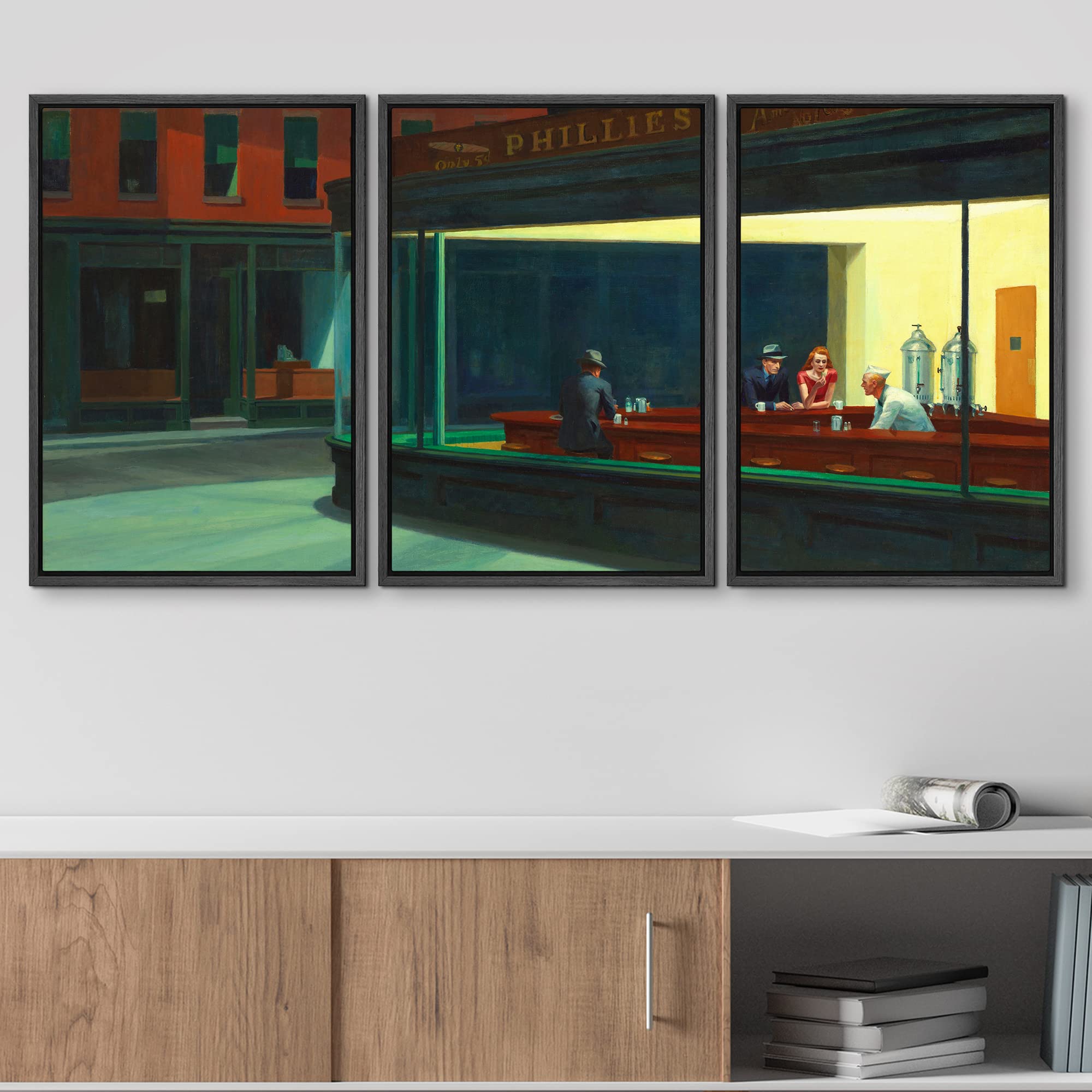 Wall26 Framed Canvas Print Wall Art Set Nighthawks By Edward Hopper Cultural Historic Oil Painting Fine Art Reproduction Scenic