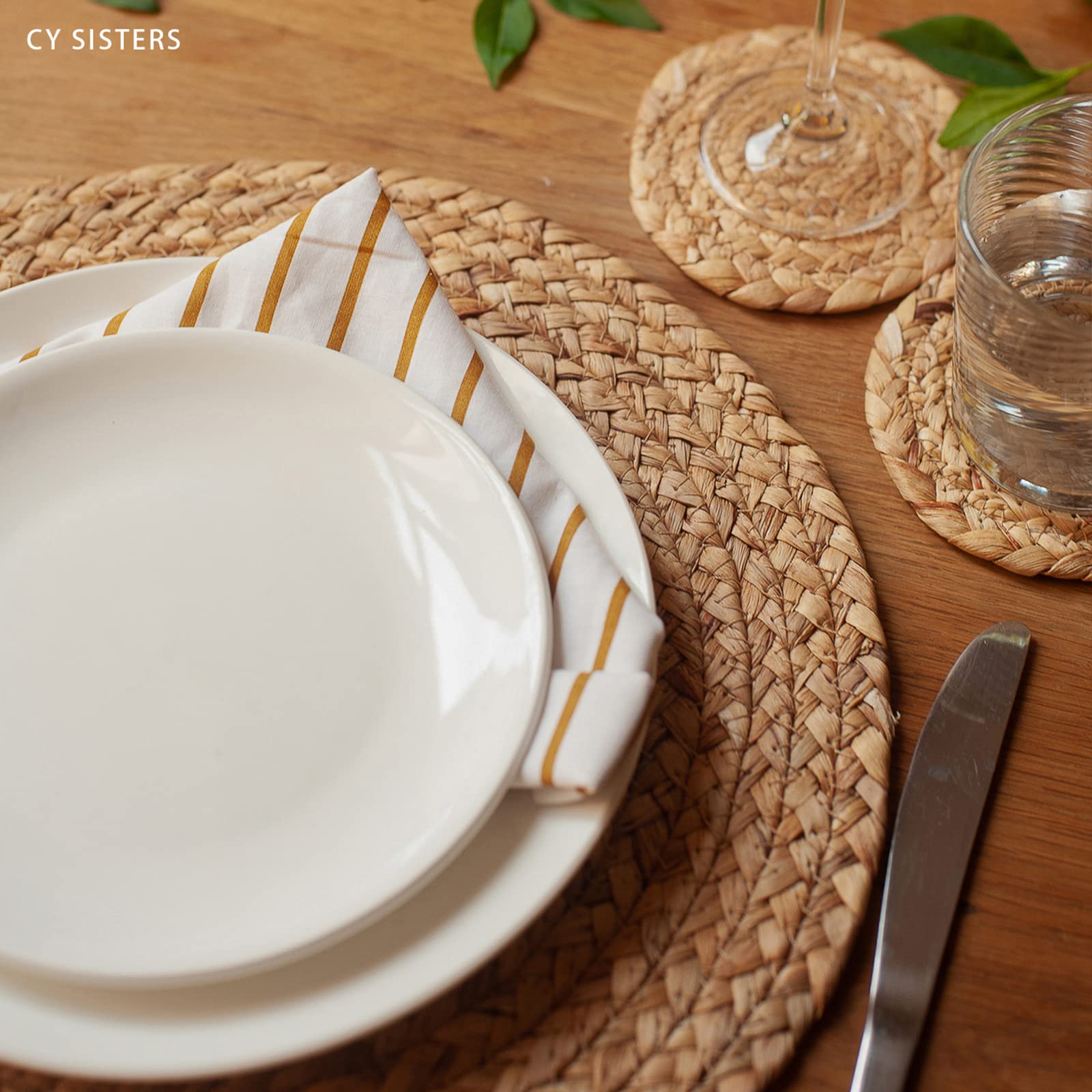 Cy Sisters Woven Placemats Round Placemats Set Of 6, 13.5 Inch Wicker Placemats Circle Rattan Placemats Farmhouse Boho Braided N